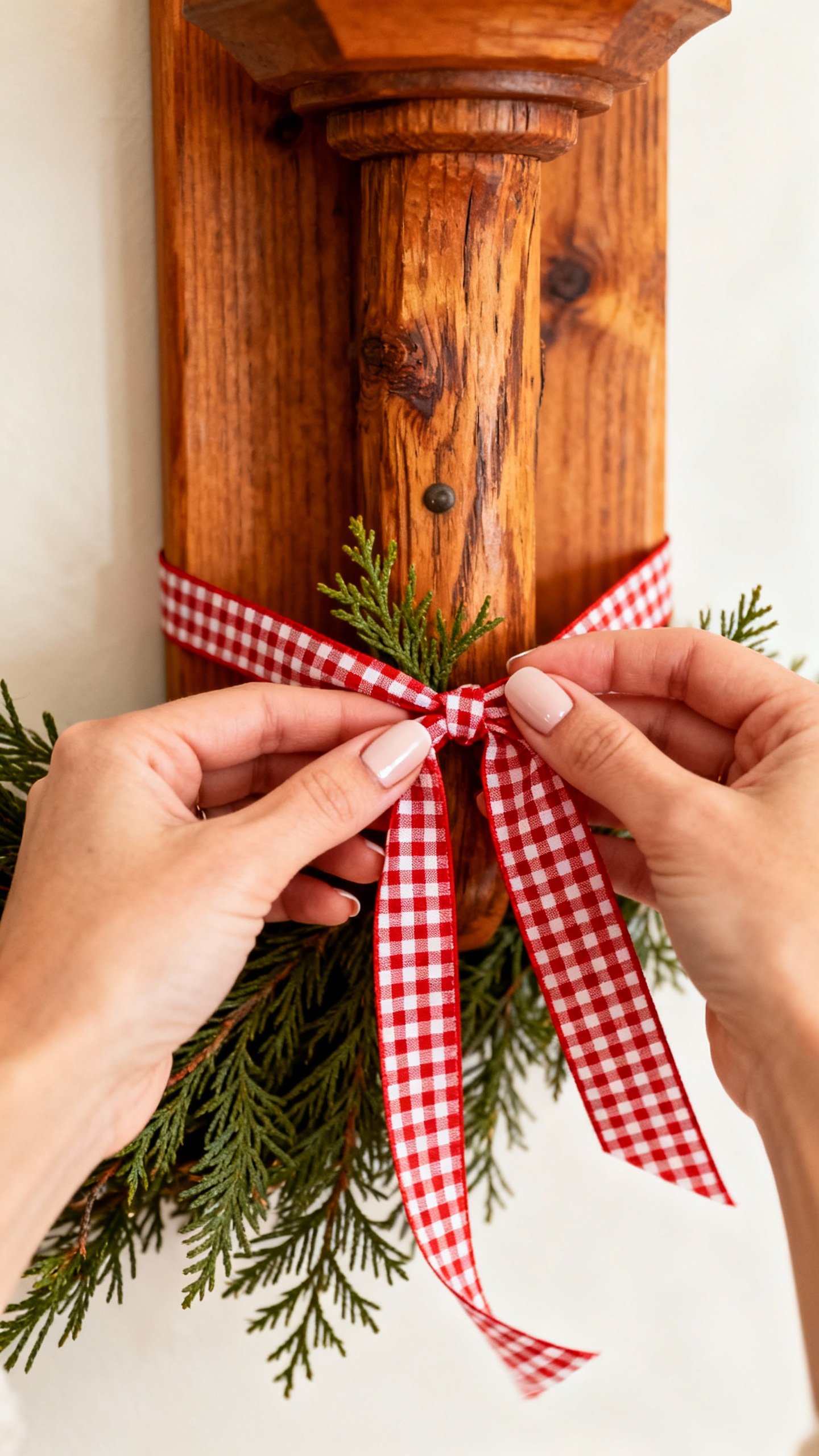 Hands tying gingham ribbon on cedar sconce swag