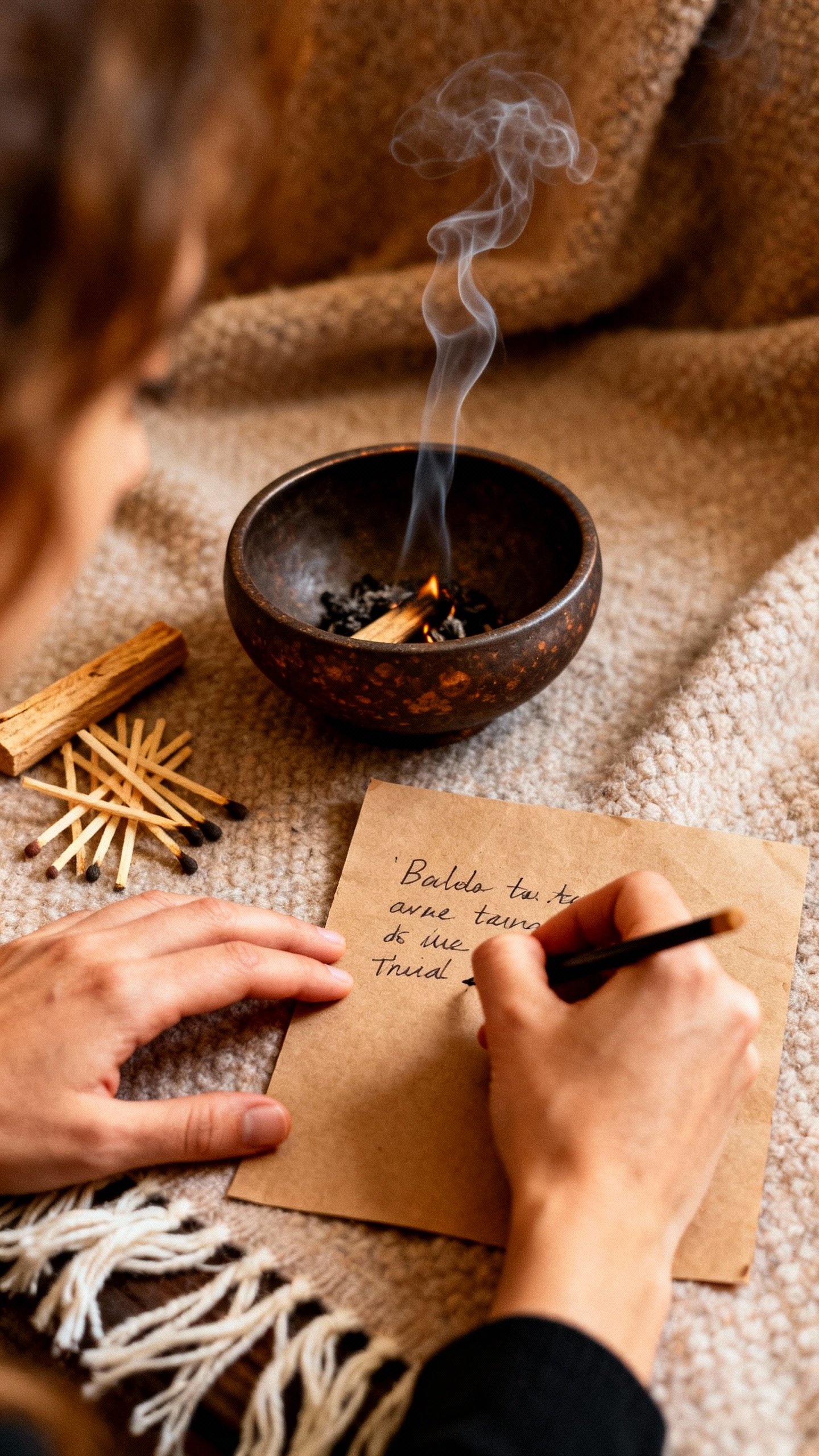Hands writing intention on kraft paper beside fireproof bowl, matches, palo santo smoke, soft blanke