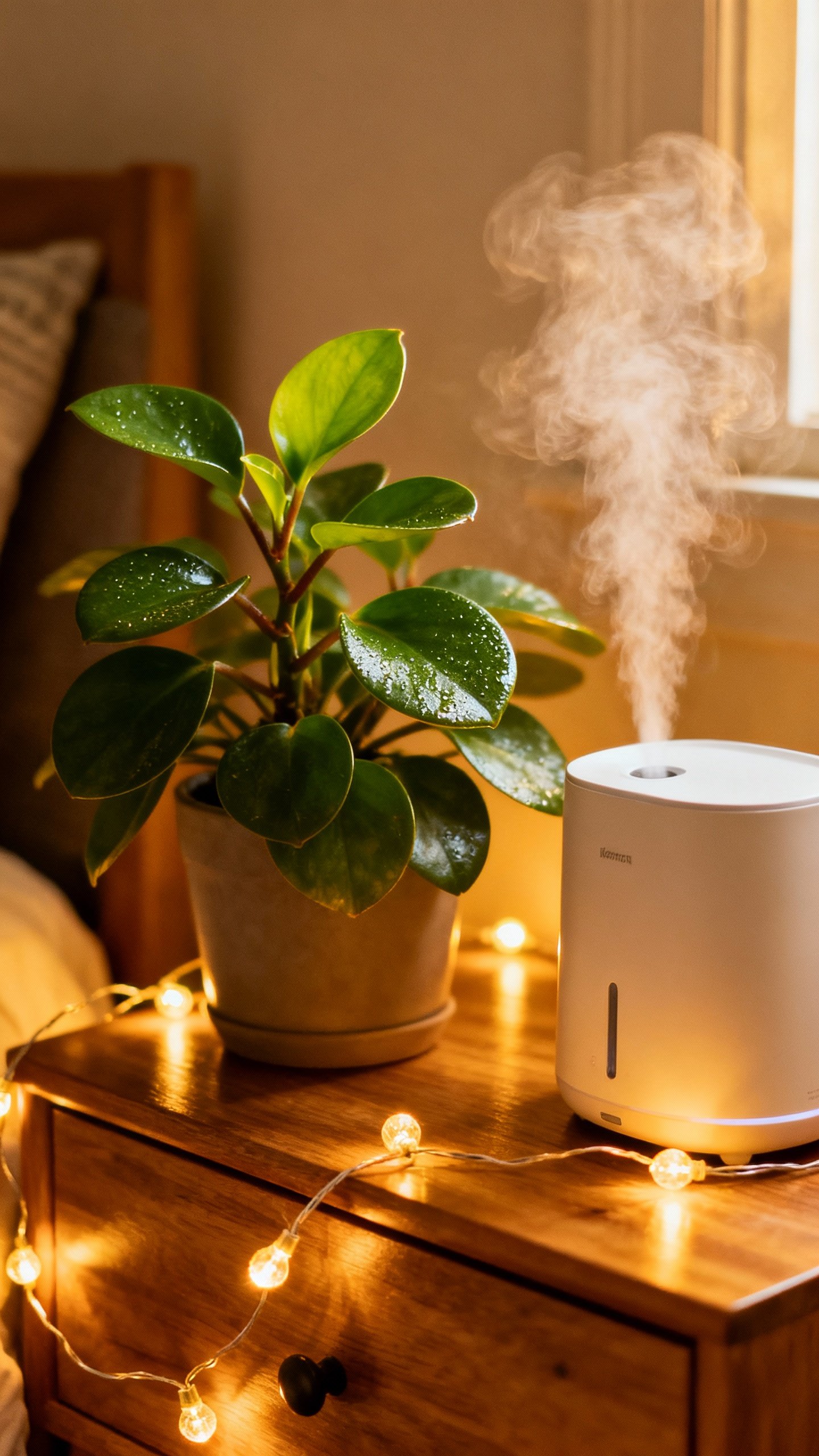 Humidifier mist beside leafy houseplant on wooden nightstand, warm string lights