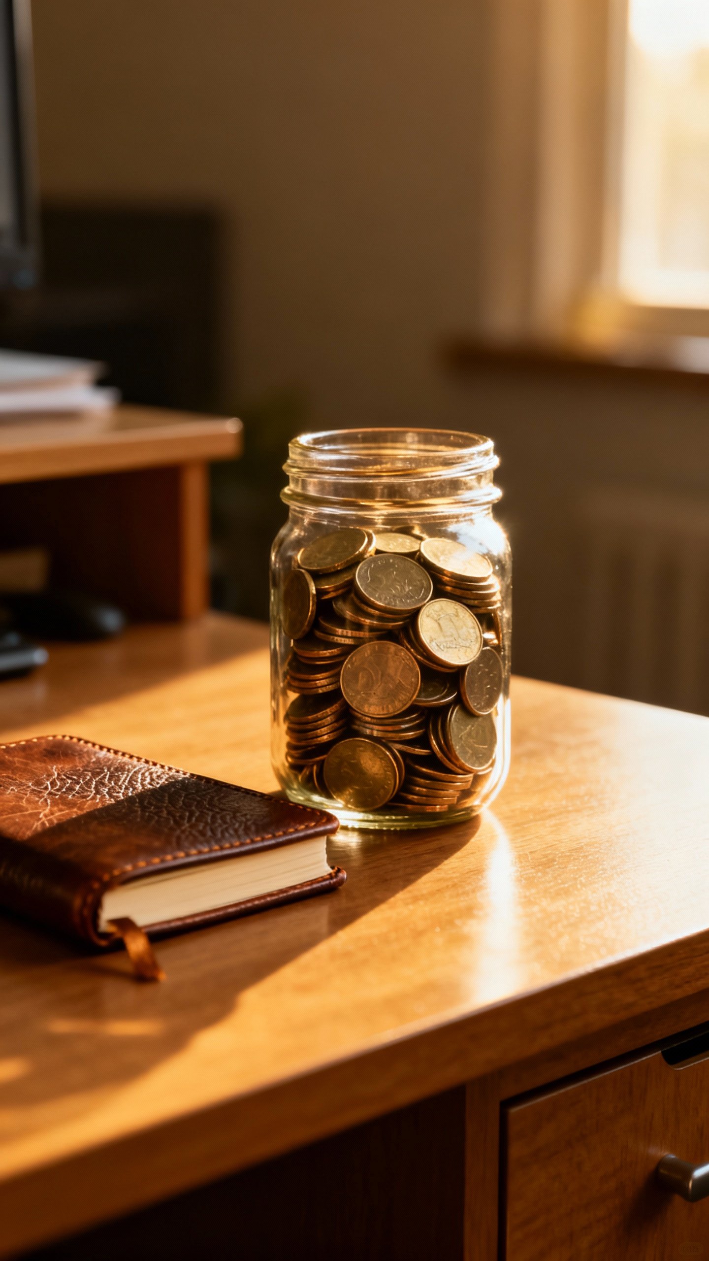 Jar with coins on desk, soft morning light, journal nearby