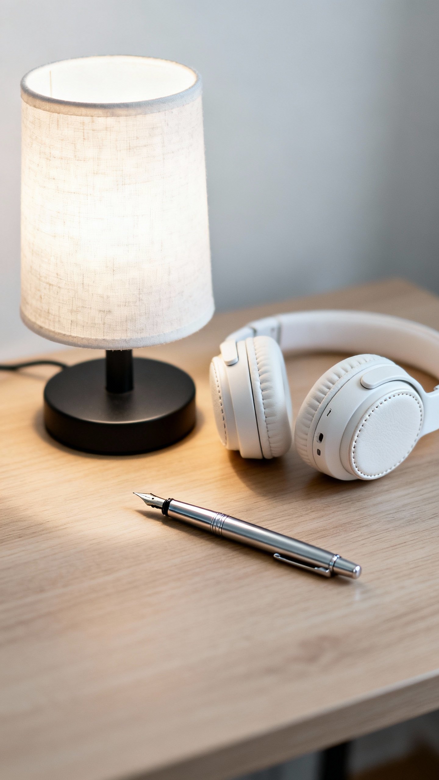Journal on no-think station: pen, lamp, headphones, soft light