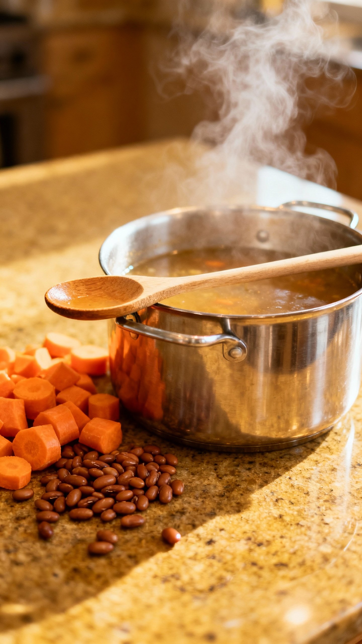 Kitchen countertop closeup: simmering soup pot, ladle, chopped carrots, beans, steam rising