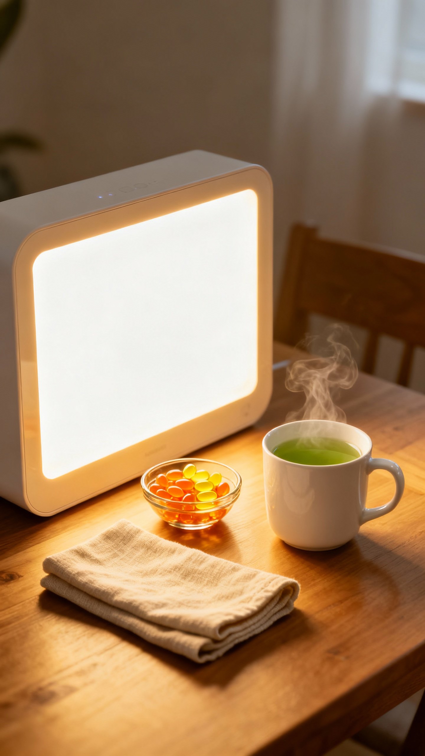 Light therapy box illuminating breakfast table with vitamins and green tea