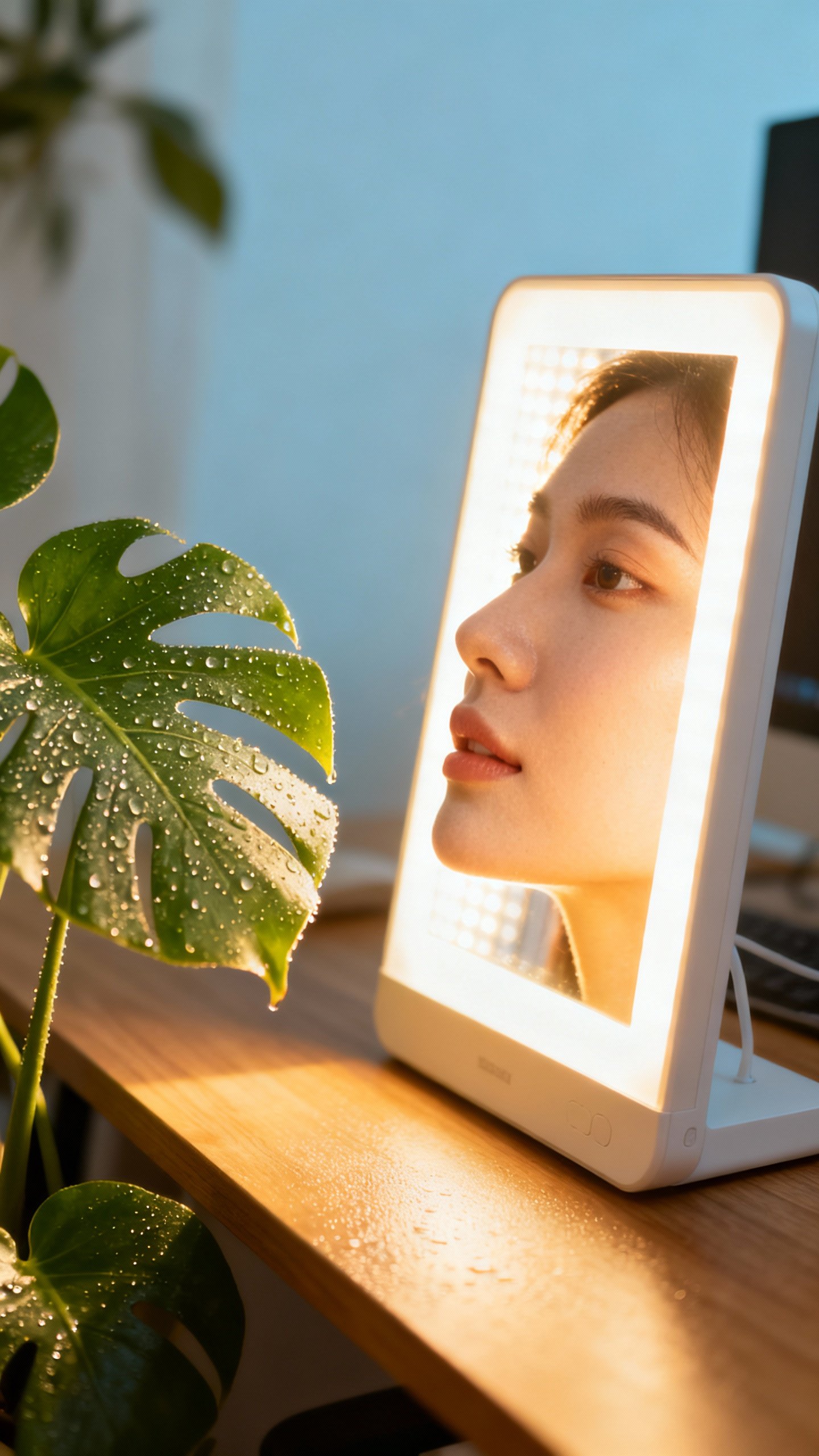 Light therapy lamp on desk, female face in morning glow, houseplant leaves dewy