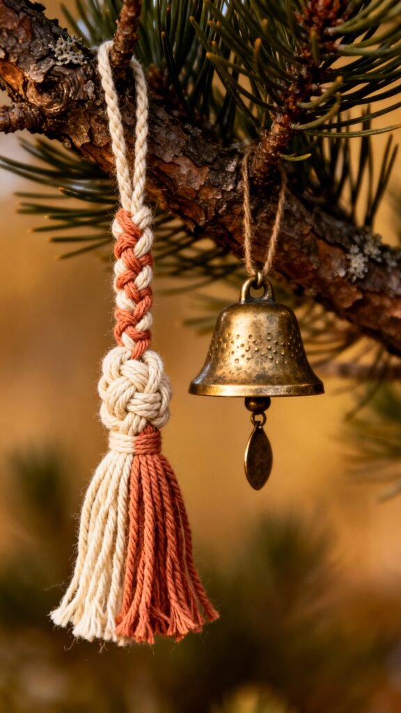 Macramé tassel ornament beside brass bell on pine branch