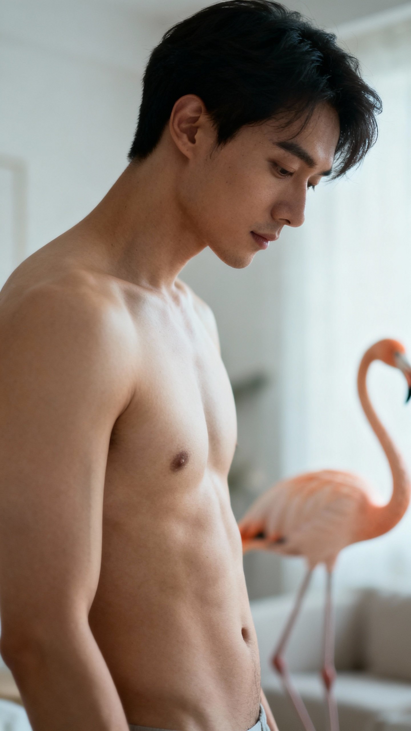Male standing like a flamingo, soft gaze downward, indoor, neutral tones