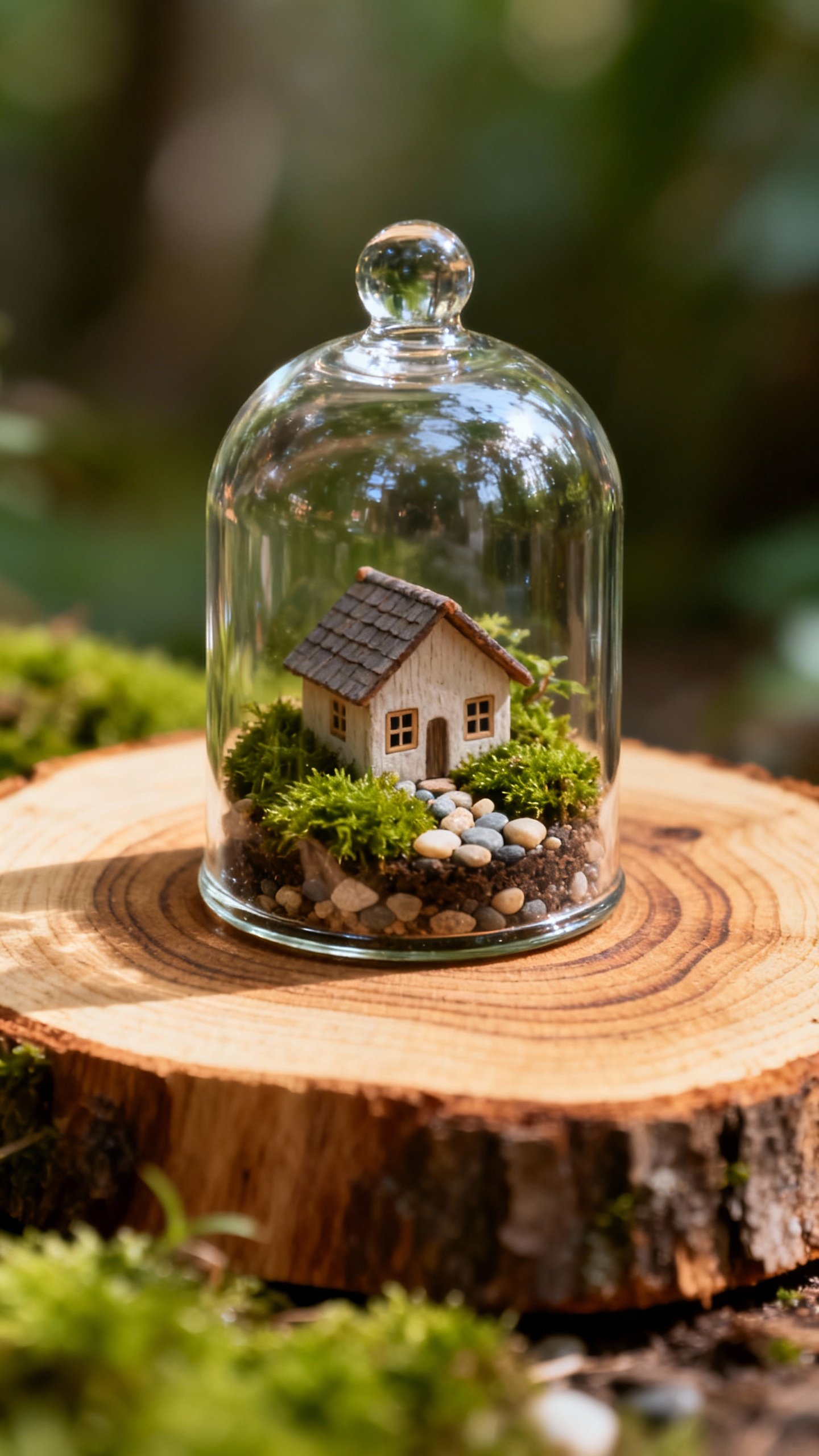 Mini cabin terrarium under glass cloche on wood slice