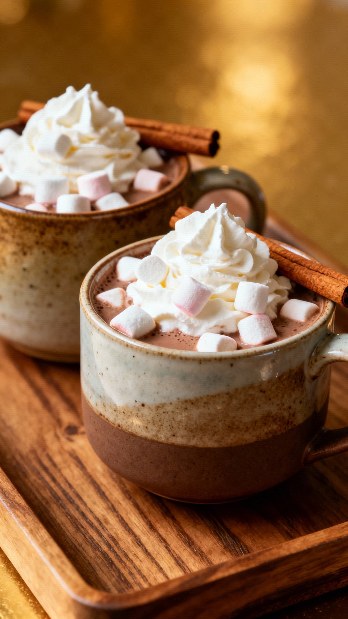 Mismatched mugs of hot cocoa, whipped cream peaks, mini marshmallows, cinnamon sticks on tray
