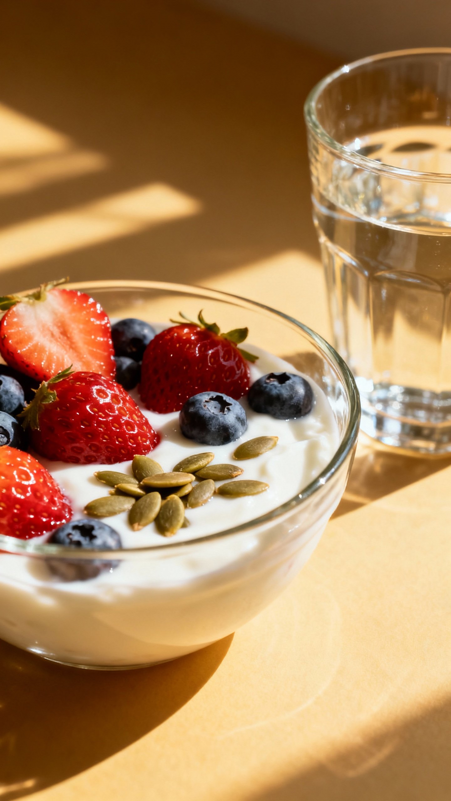 Morning kitchen closeup: yogurt with berries, pumpkin seeds, glass water, sunlight