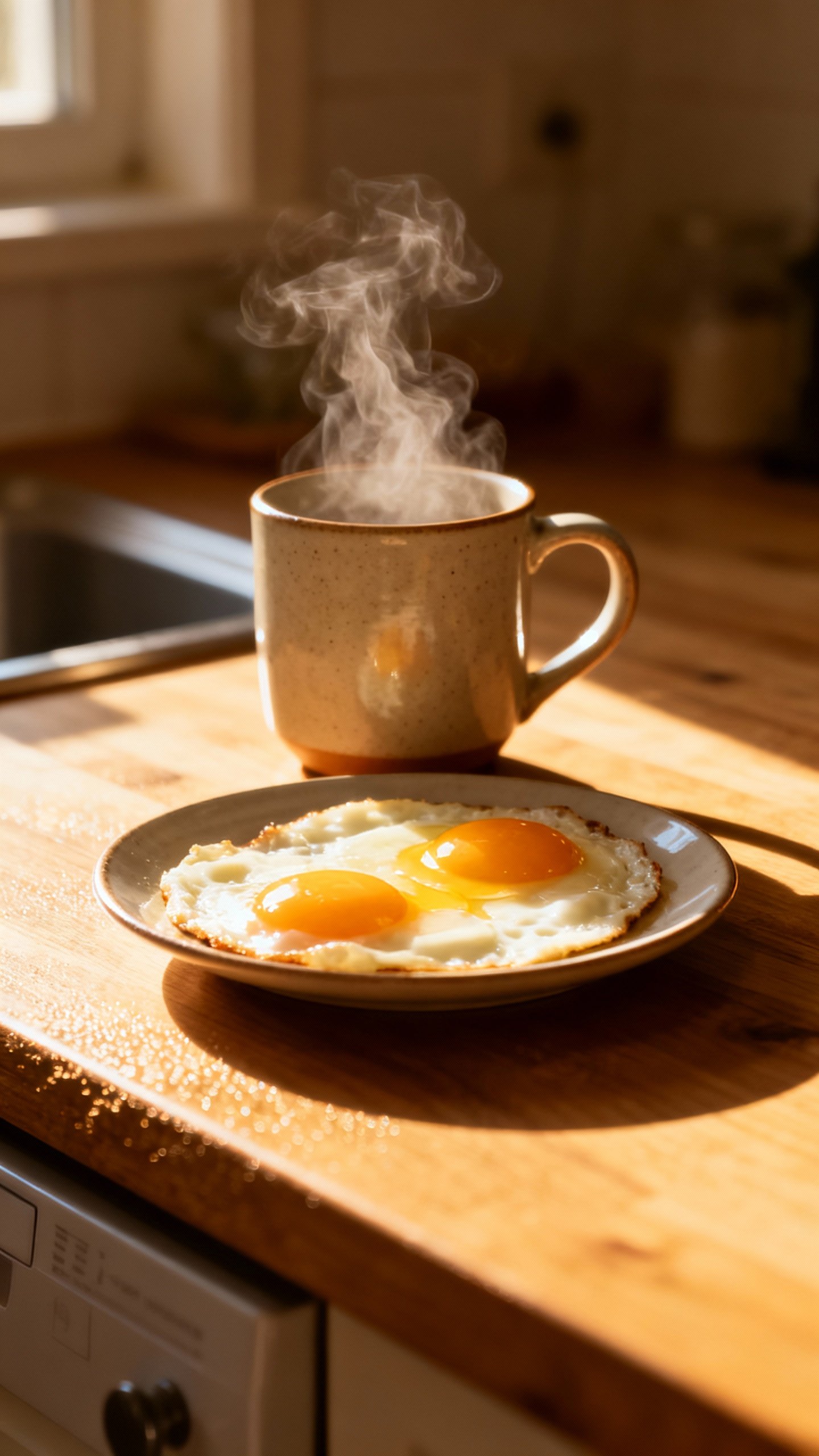 Morning kitchen scene, steaming mug beside protein-rich eggs, sunlight on counter