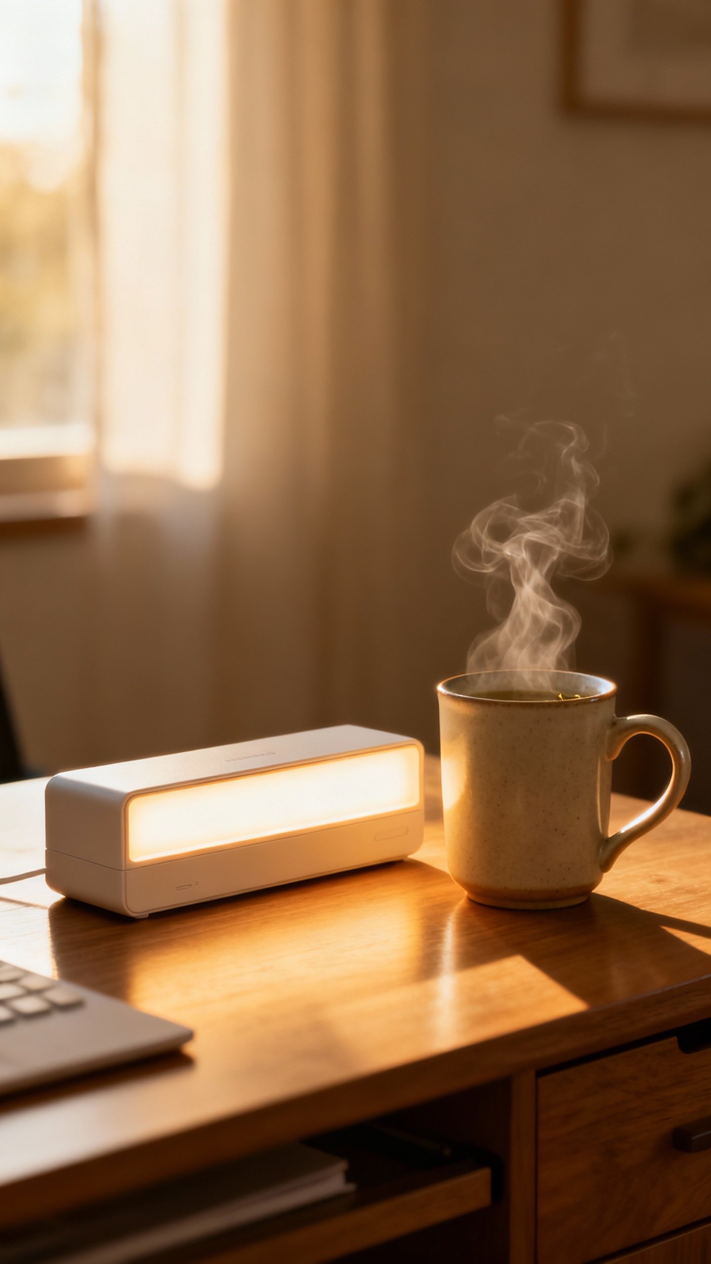 Morning light therapy box on desk, steaming herbal tea mug