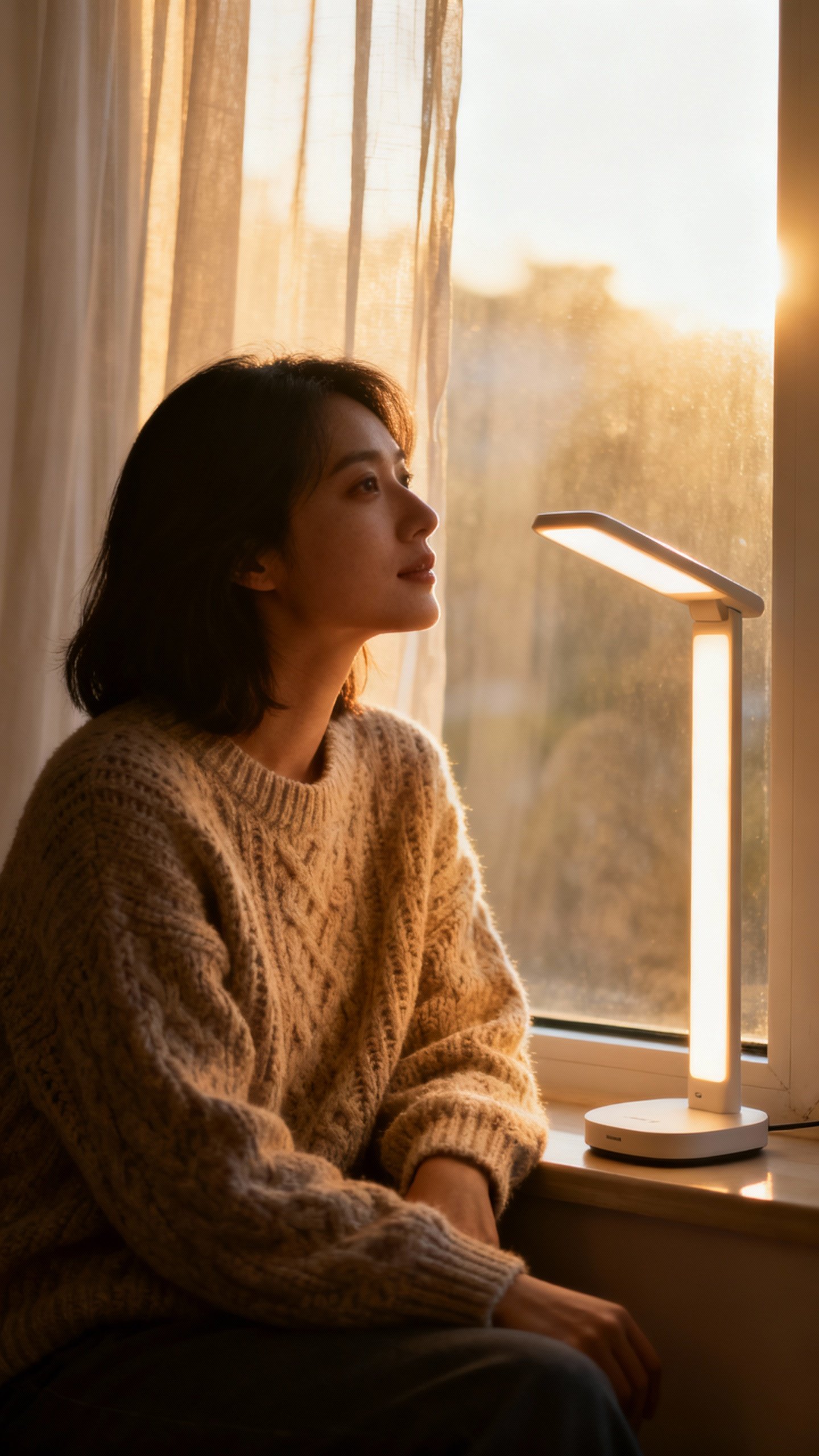 Morning light therapy scene, woman by window with 10,000 lux lamp, cozy sweater