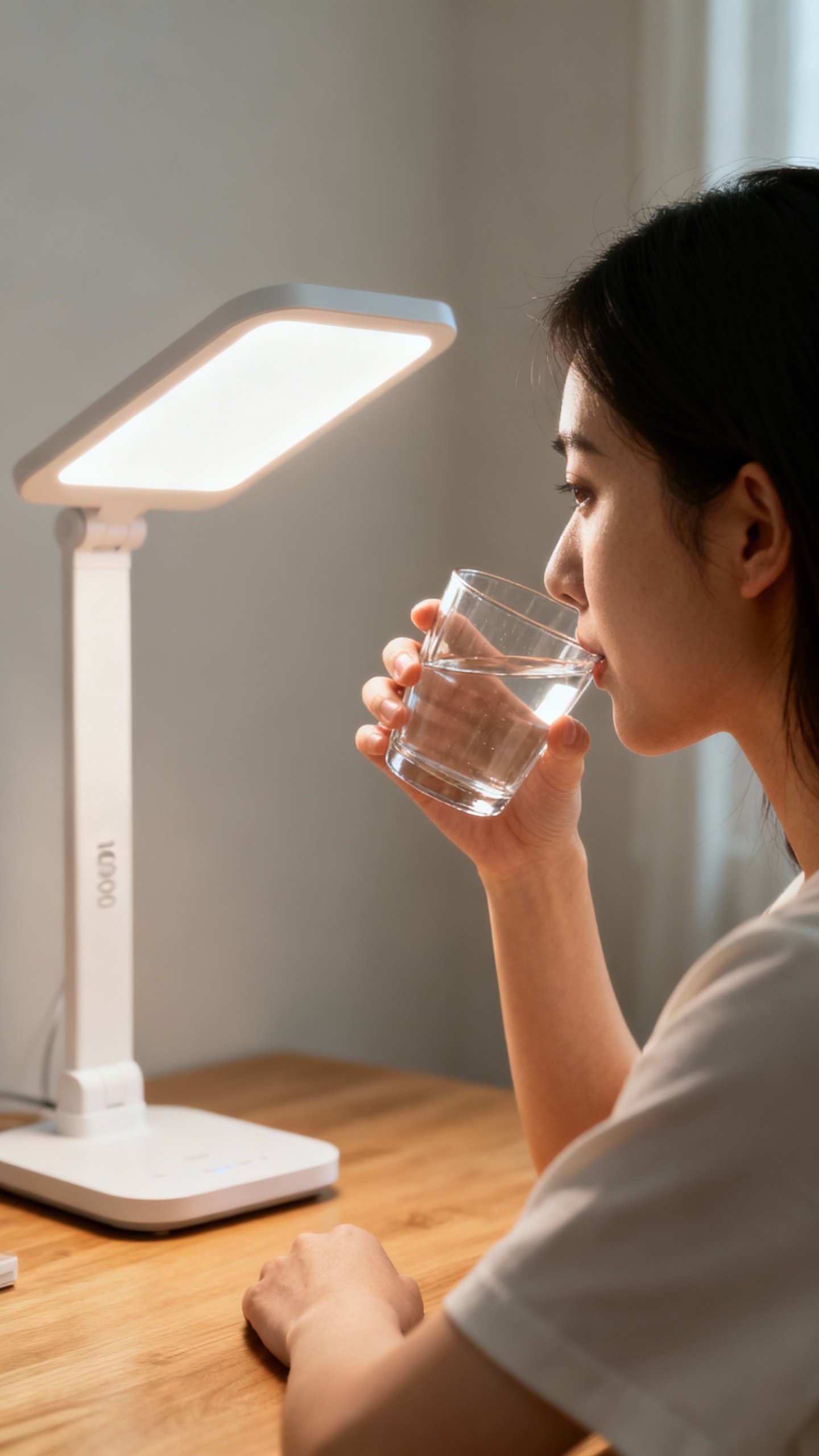Morning window light therapy scene, 10,000-lux lamp on desk, female sipping water