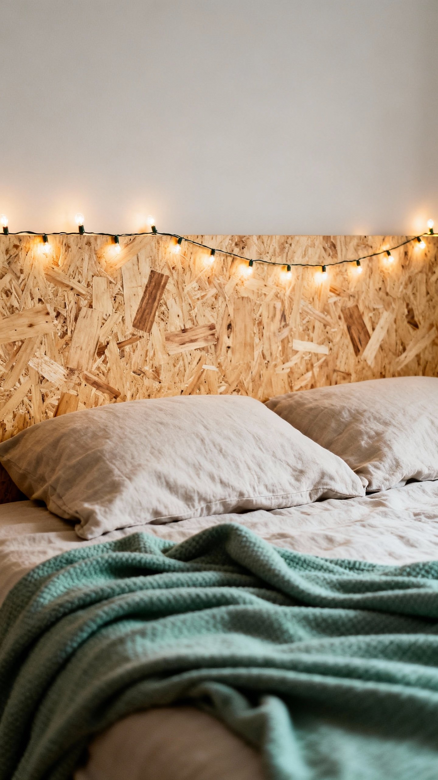 Neutral bed with sage throw, plywood headboard, fairy lights