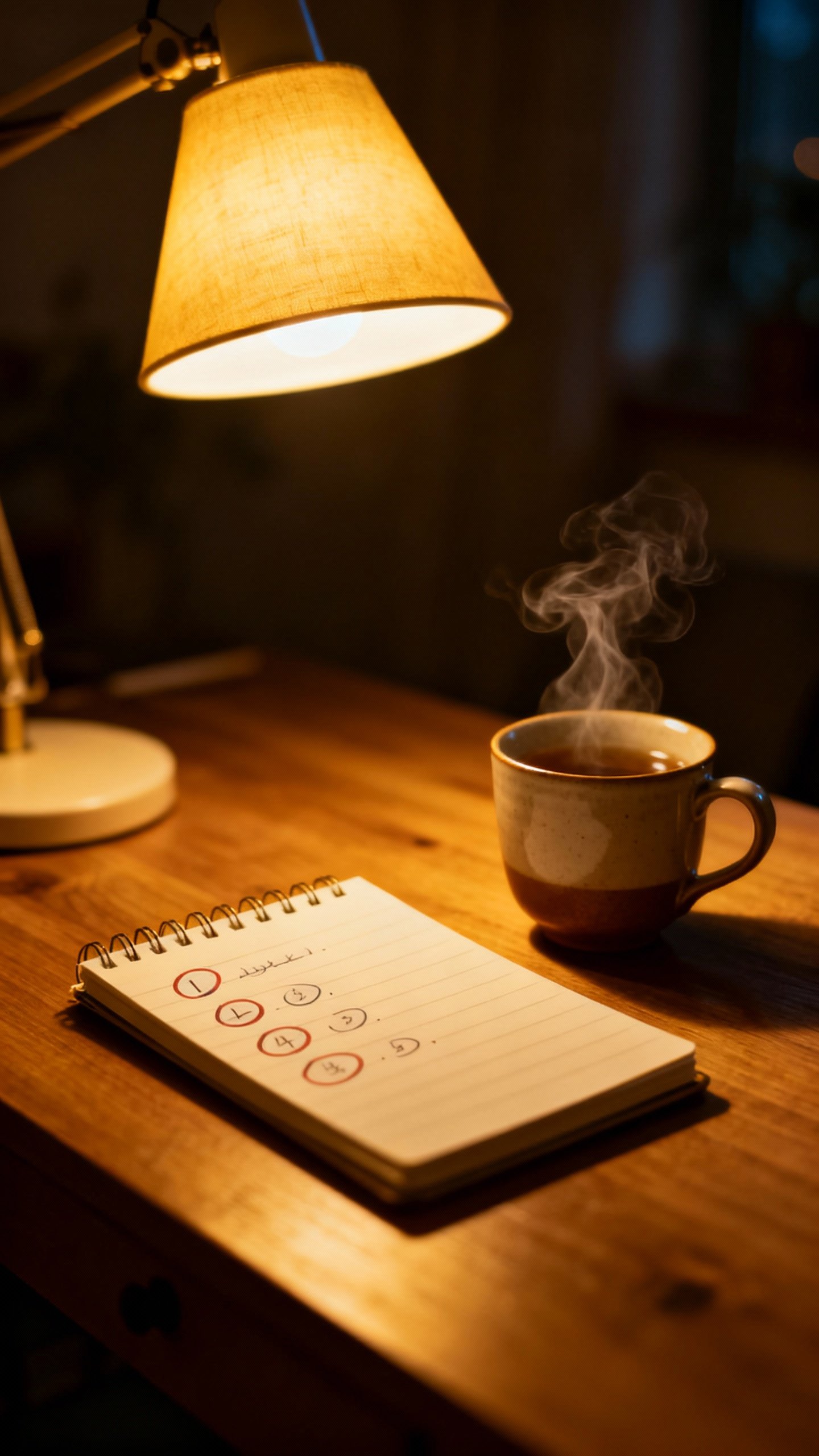 Night desk scene, micro-wins log with circled items, gentle lamp, tea steam