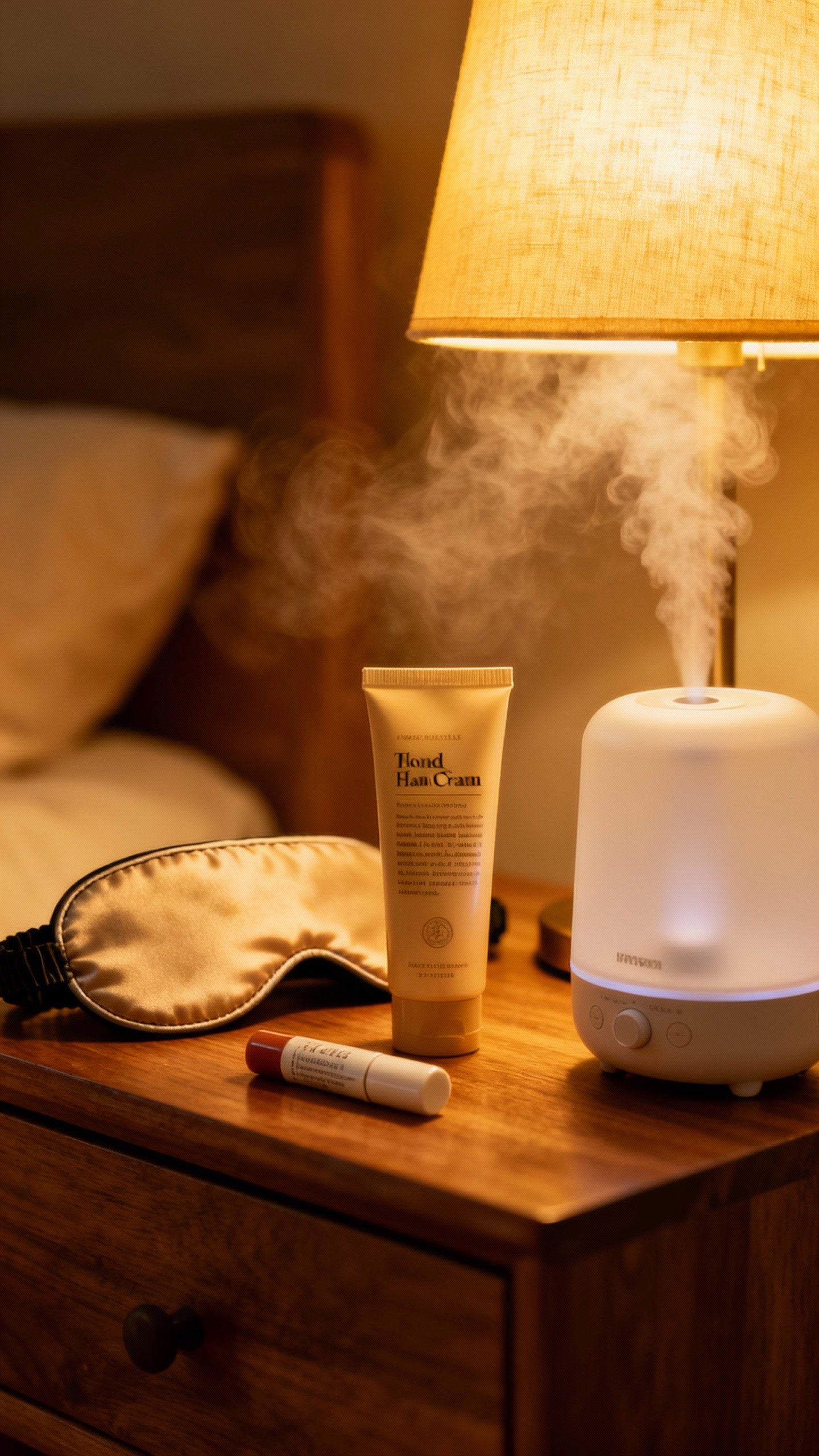 Nightstand detail: eye mask, thick hand cream, lip balm, humidifier mist, warm lamp glow