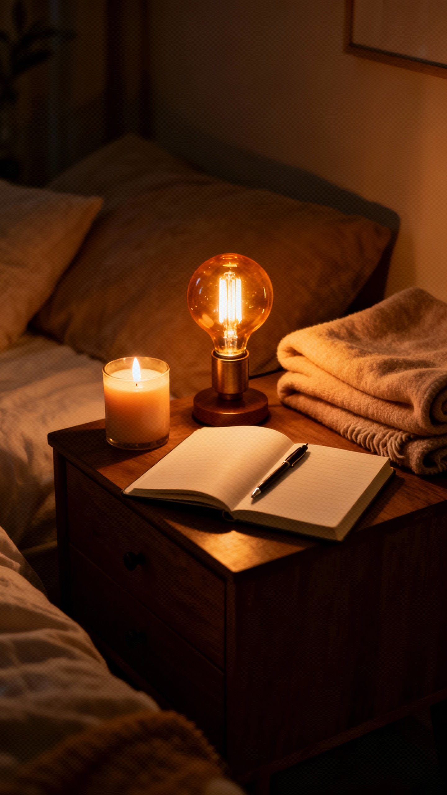 Nightstand scene: lit candle, amber bulb lamp, open journal with pen, folded soft throw, dim room