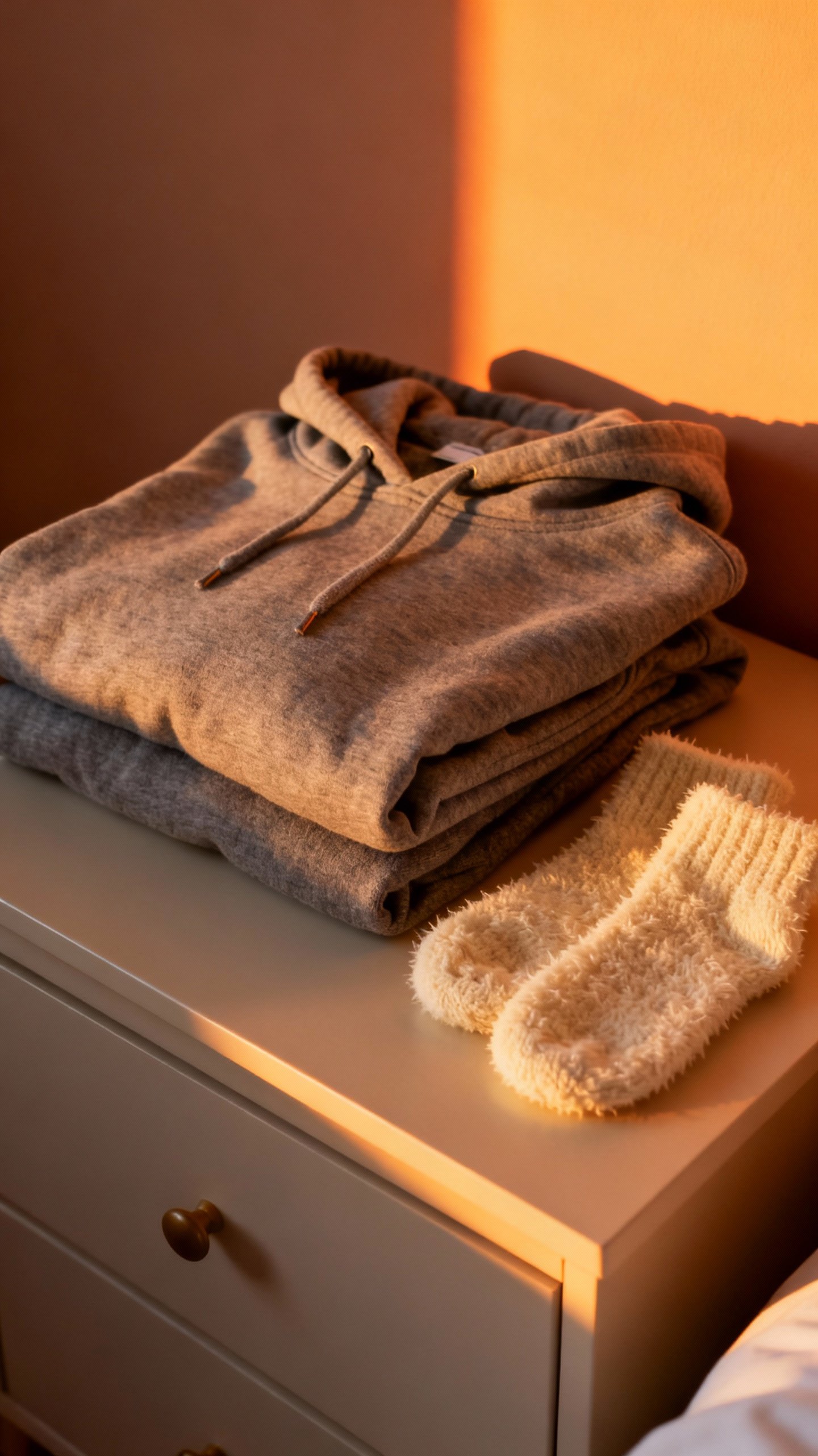 Nightstand scene: sunrise alarm clock glow, folded hoodie, fuzzy socks