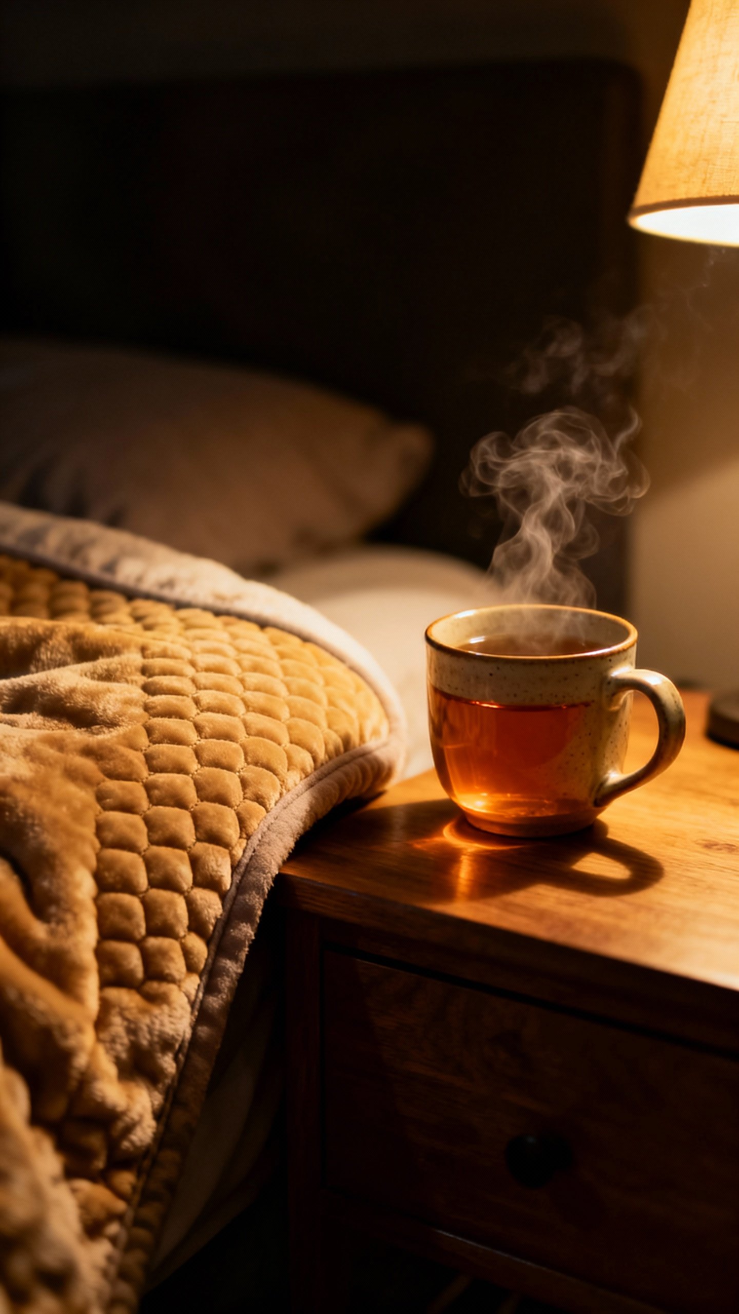 Nightstand scene: weighted blanket corner, steaming herbal tea mug, dark bedroom