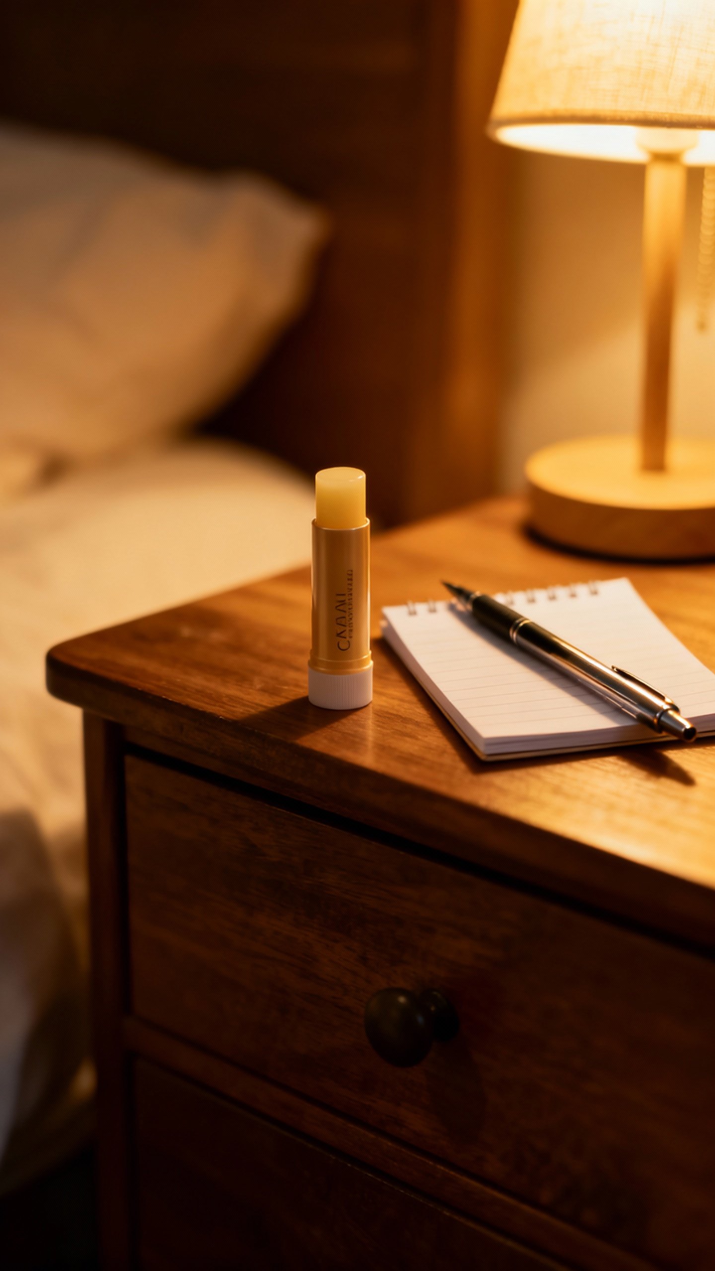Nightstand vignette: thick lip balm, notepad, pen, soft lamp glow