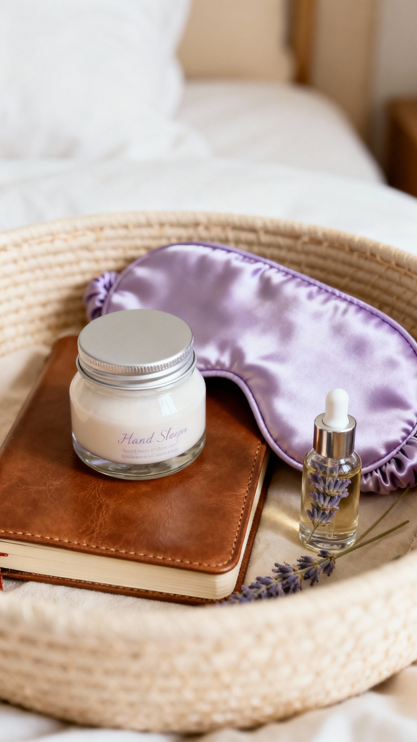 Nightstand wind-down basket closeup: journal, hand cream, sleep mask, lavender roll-on
