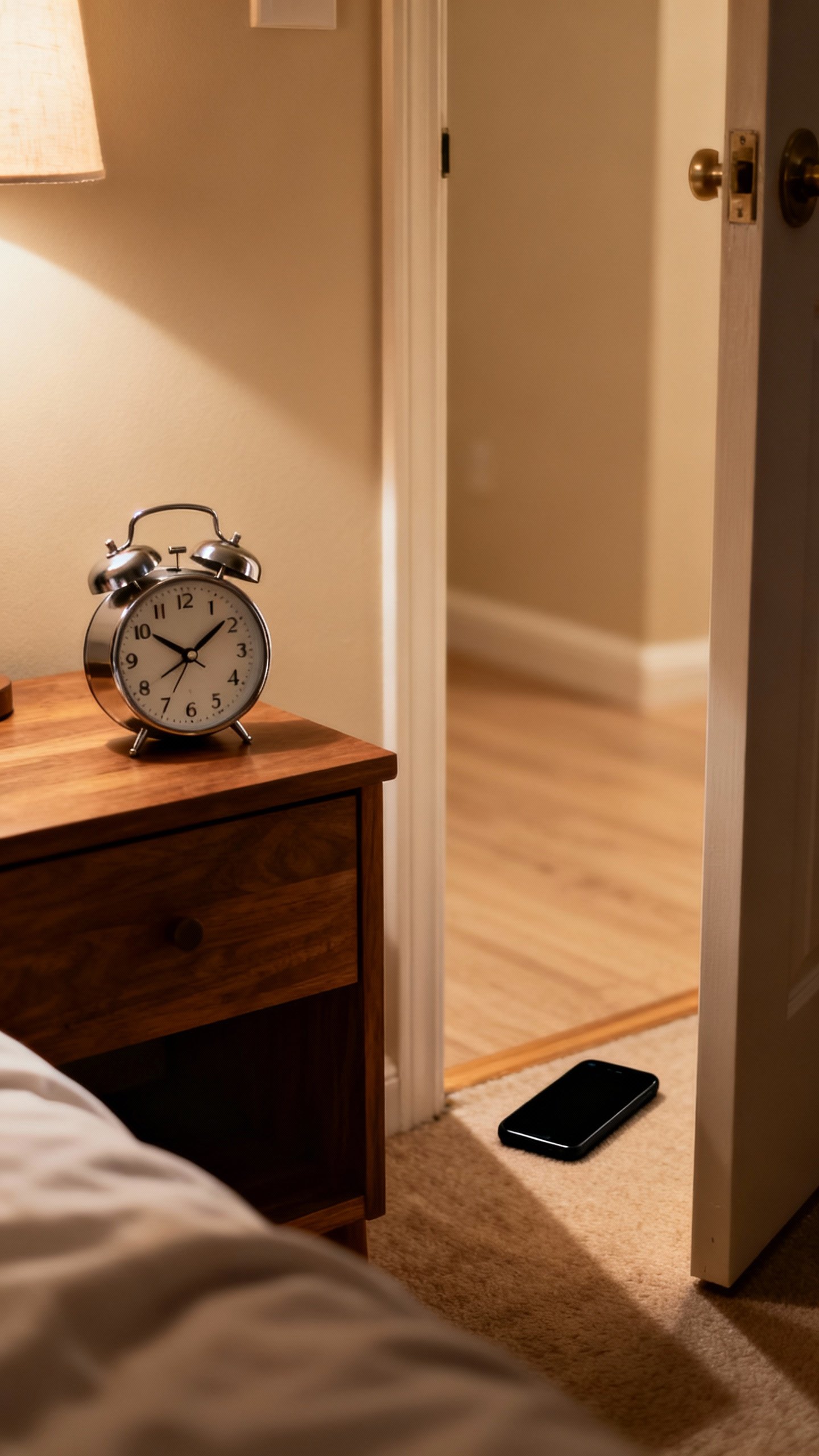 Nightstand with analog alarm clock, smartphone face down outside bedroom door