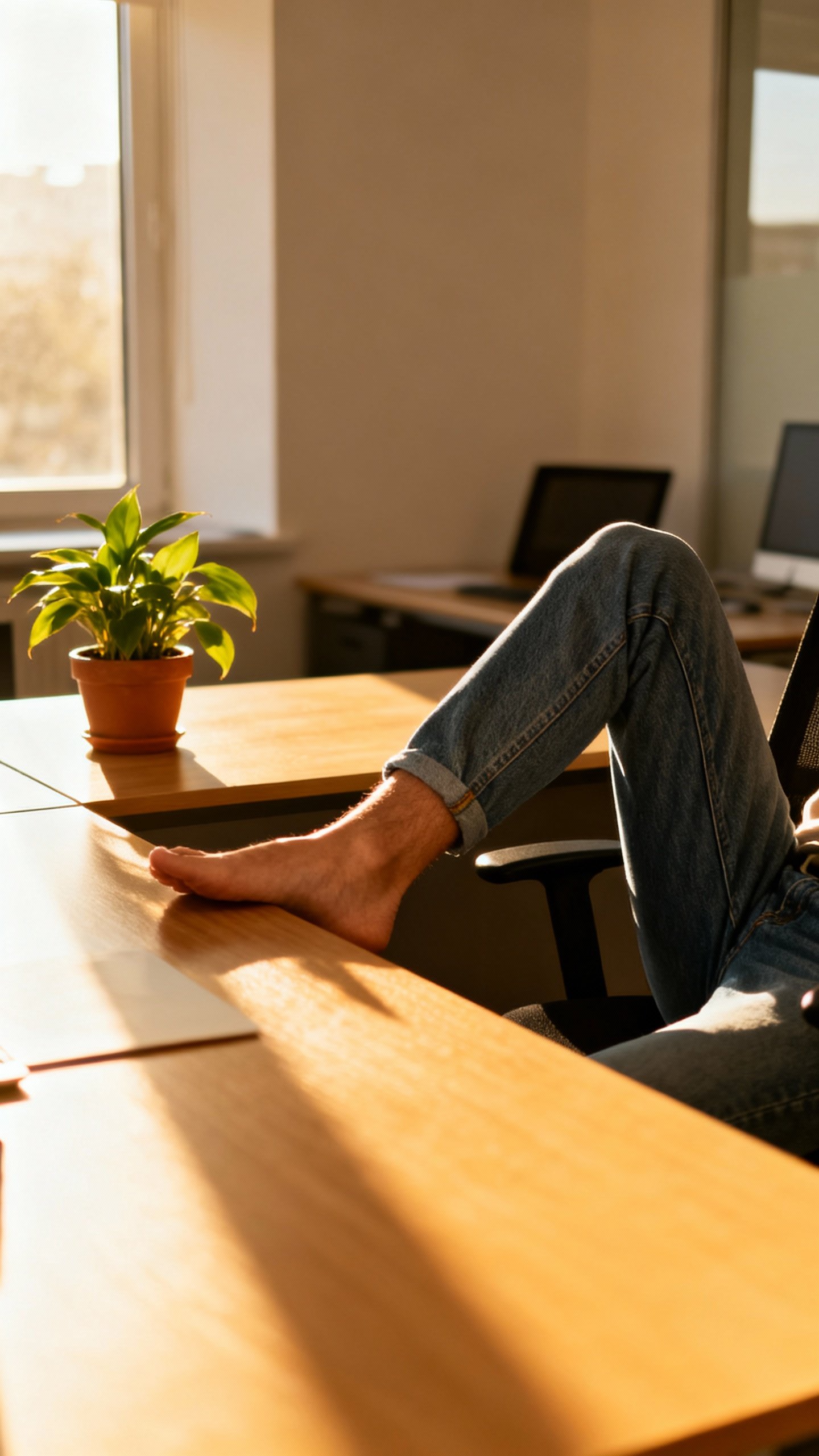 Office desk scene, seated figure-4 stretch, jeans, plant, sunlight