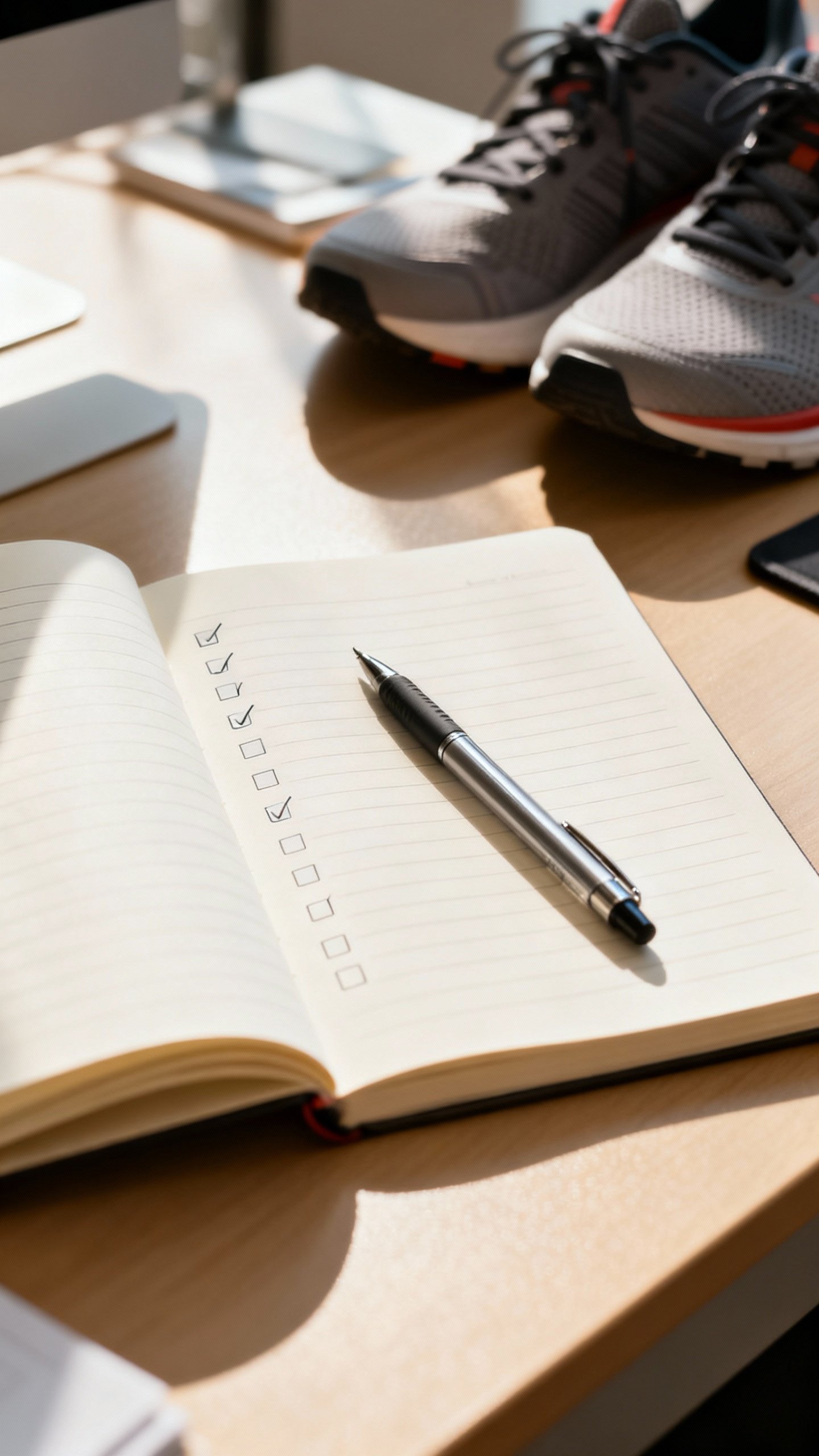 Open notebook with checklist, pen poised, sticky note “start now” absent, tidy desk, gym shoes l