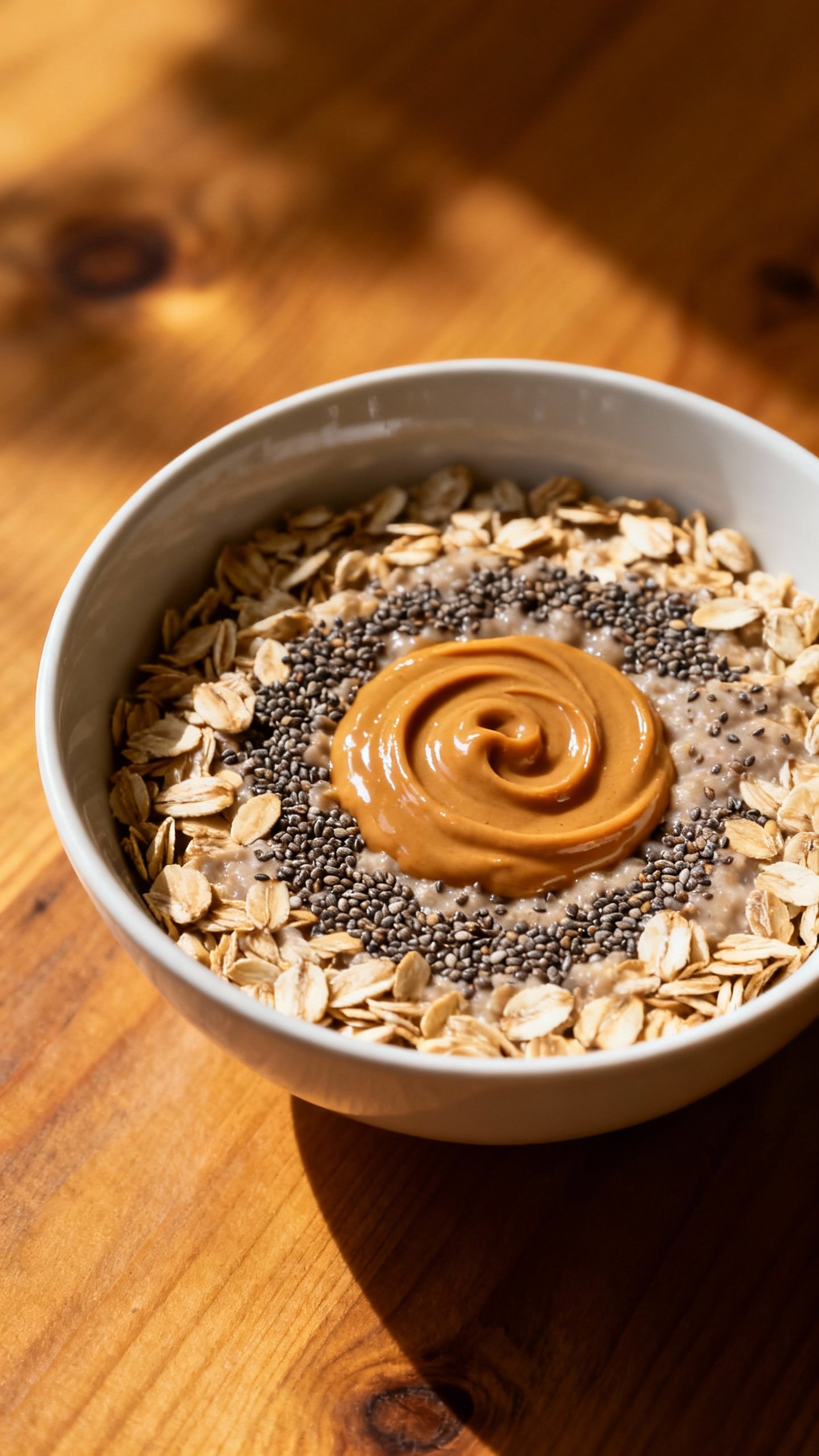 Overhead bowl of oats with chia, nut butter swirl, warm wood table