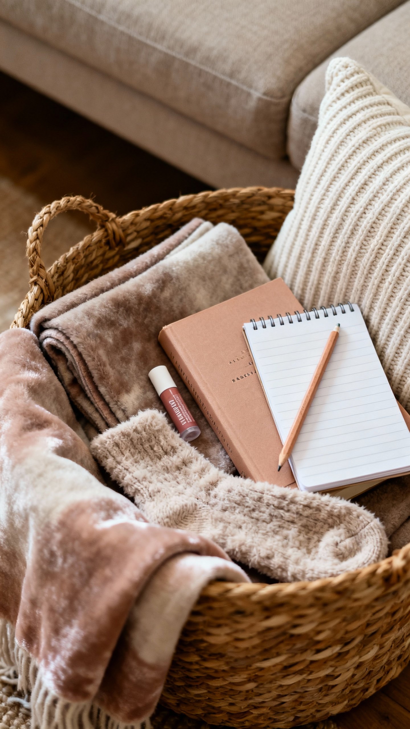 Overhead closeup of cozy basket by couch: folded plush throw, fuzzy socks, lip balm tube, paperback