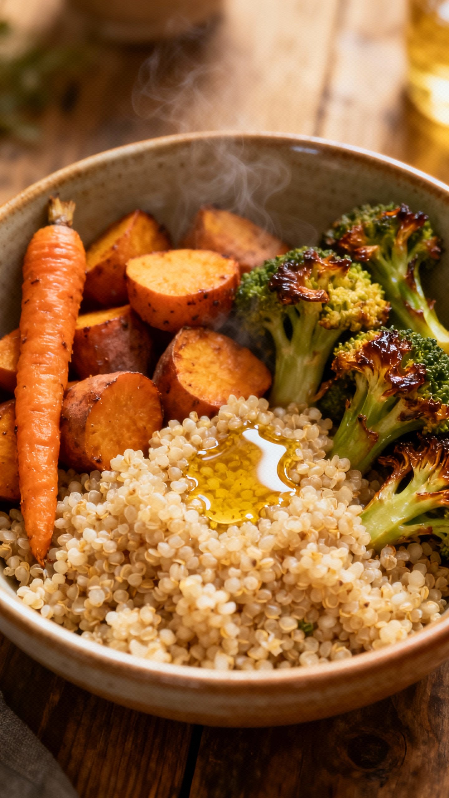 Overhead cozy bowl: quinoa, roasted veggies, olive oil drizzle