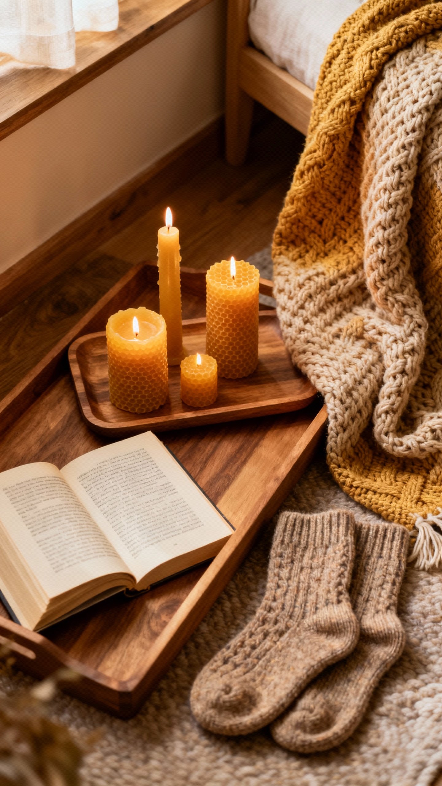 Overhead cozy nook scene, beeswax candles at varied heights, knitted throw blanket, wool socks, open