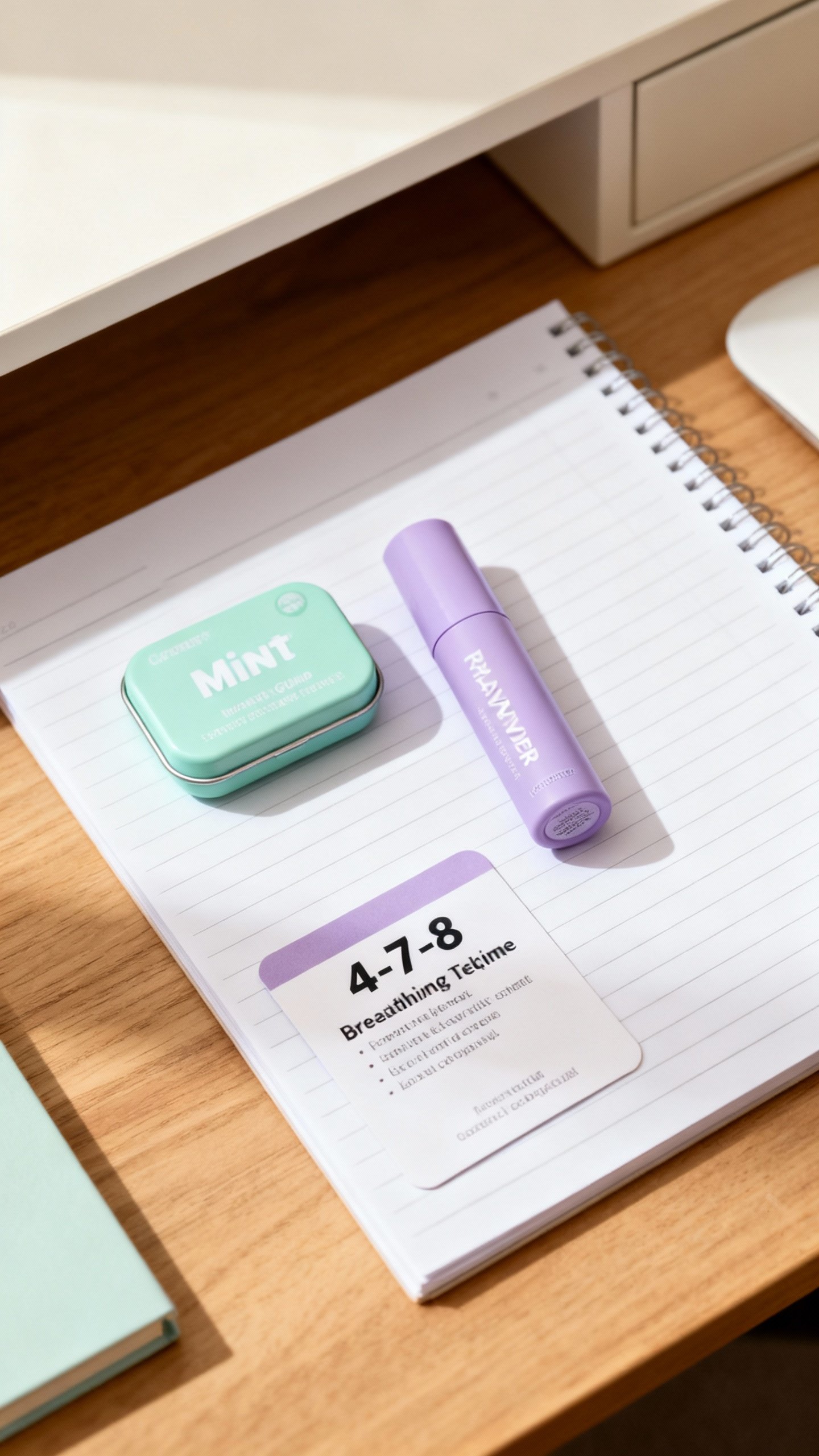 Overhead desk scene: notepad list, mint gum, lavender roller, 4-7-8 card