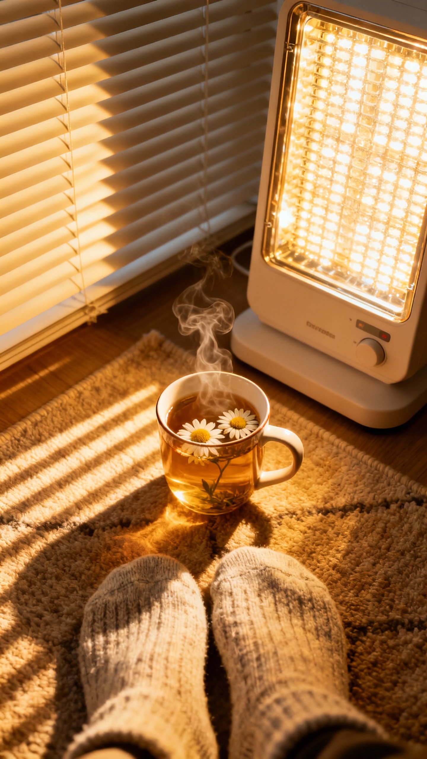 Overhead detail shot of light therapy lamp beside steaming chamomile tea, open blinds, soft wool soc