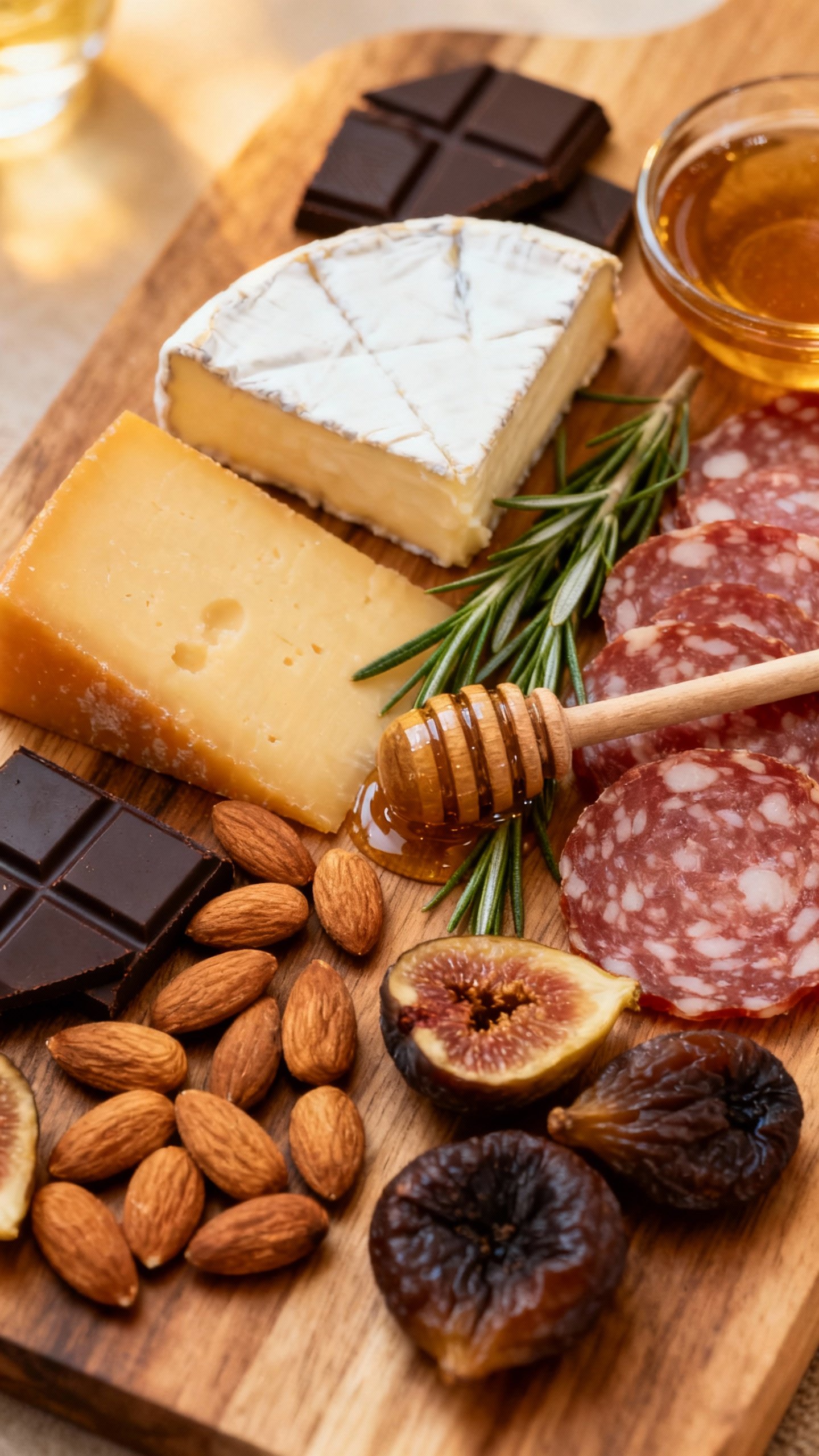 Overhead grazing board: brie, aged gouda, salami, rosemary almonds, figs, dark chocolate, honey dipp