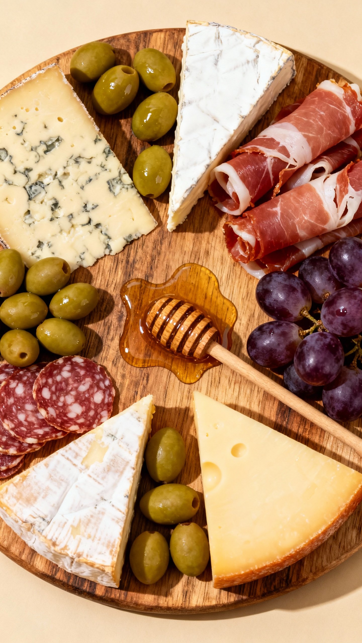 Overhead grazing board: cheeses, cured meats, olives, grapes, honey dipper