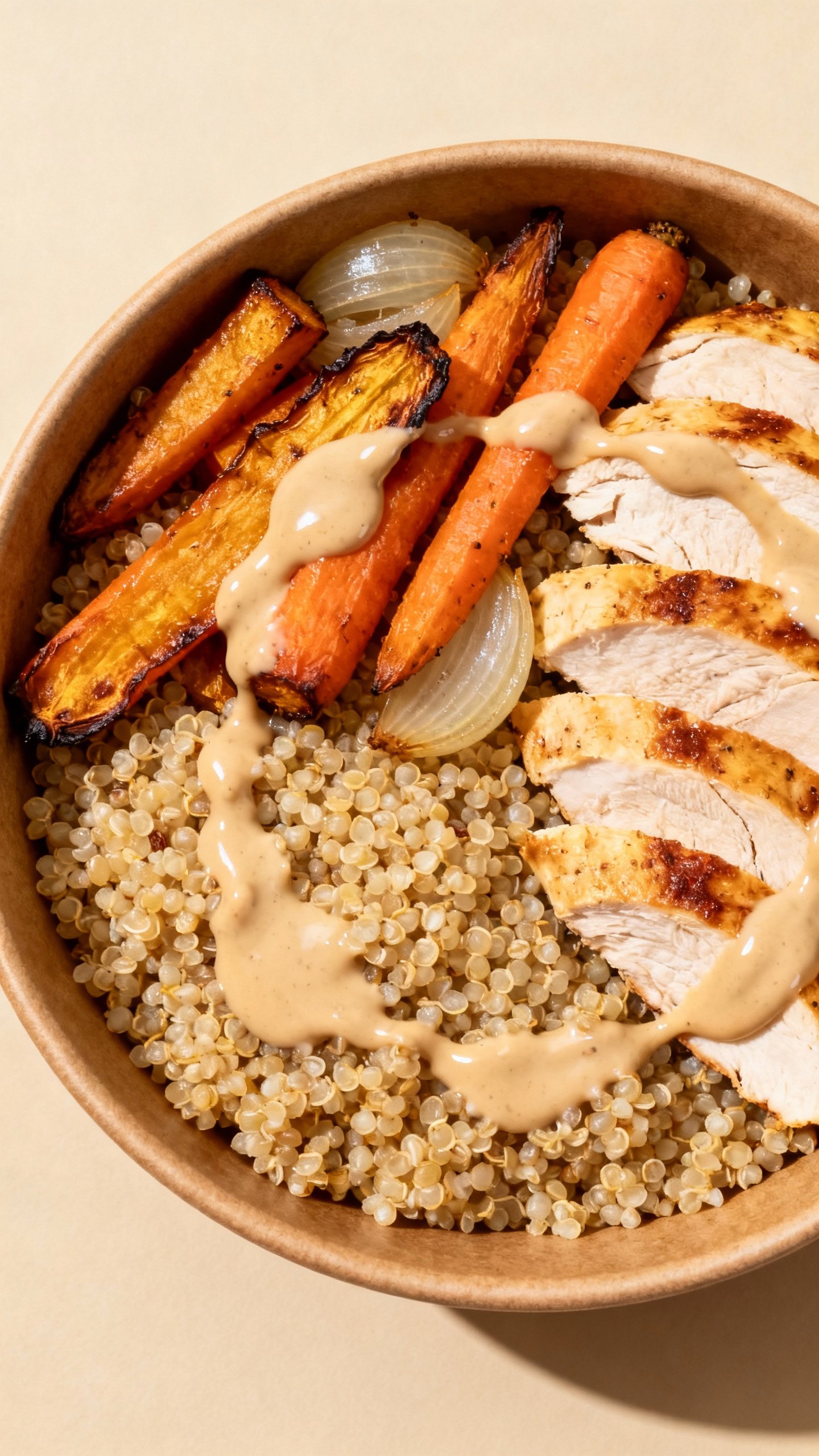 Overhead of “burnout bowl”: quinoa base, roasted carrots and onions, sliced chicken, tahini driz