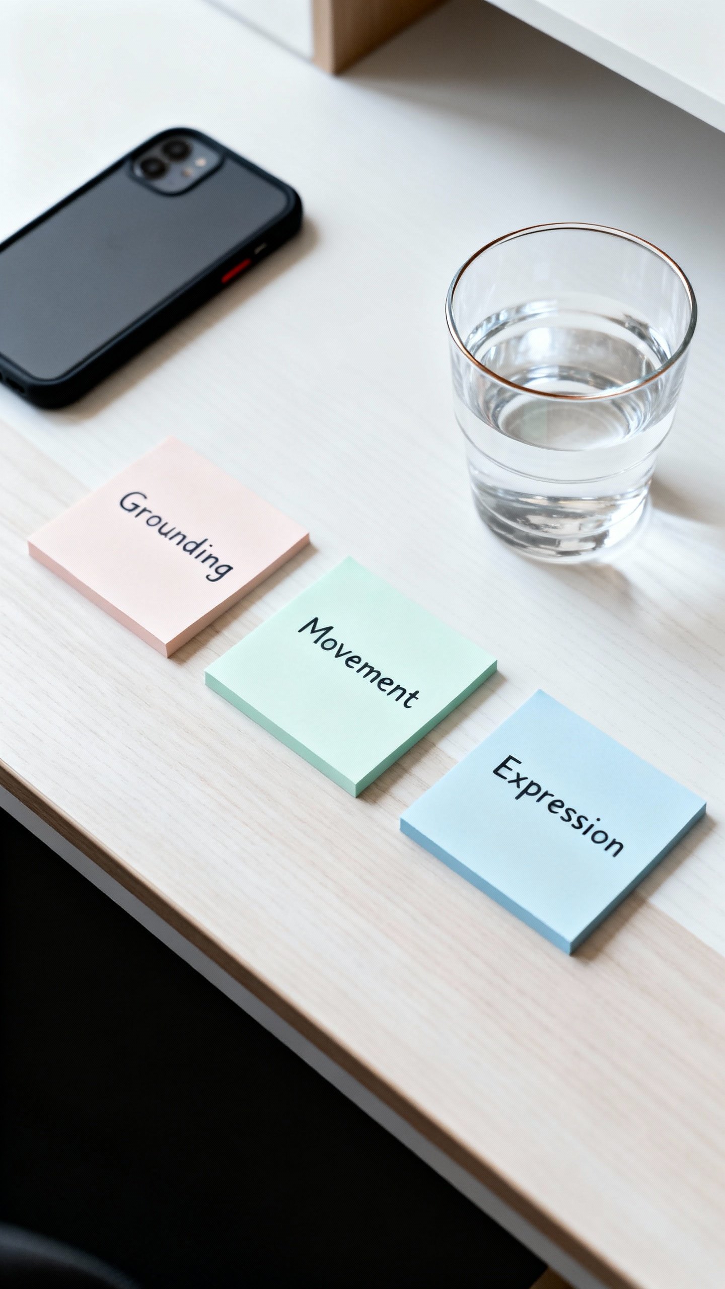 Overhead of choice board on desk; sticky notes for grounding, movement, expression; phone facedown, 