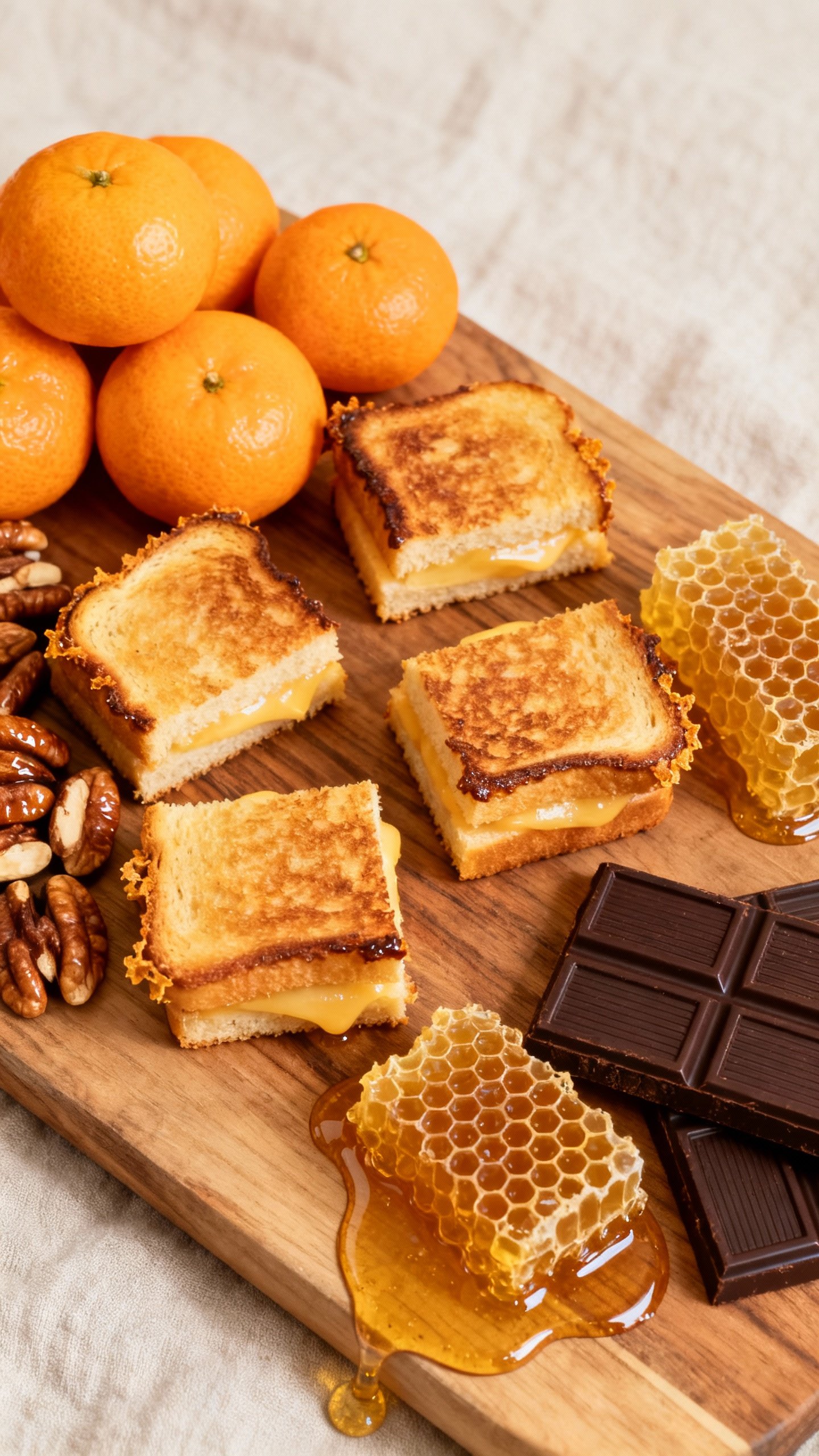 Overhead of comfort board: mini grilled cheeses, clementines, roasted nuts, honeycomb, dark chocolat
