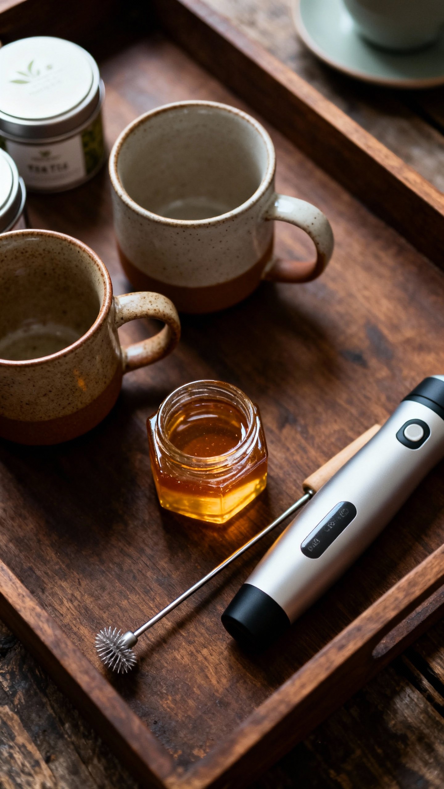 Overhead of cozy beverage tray: ceramic mugs, tiny honey jar, tea tins, handheld frother