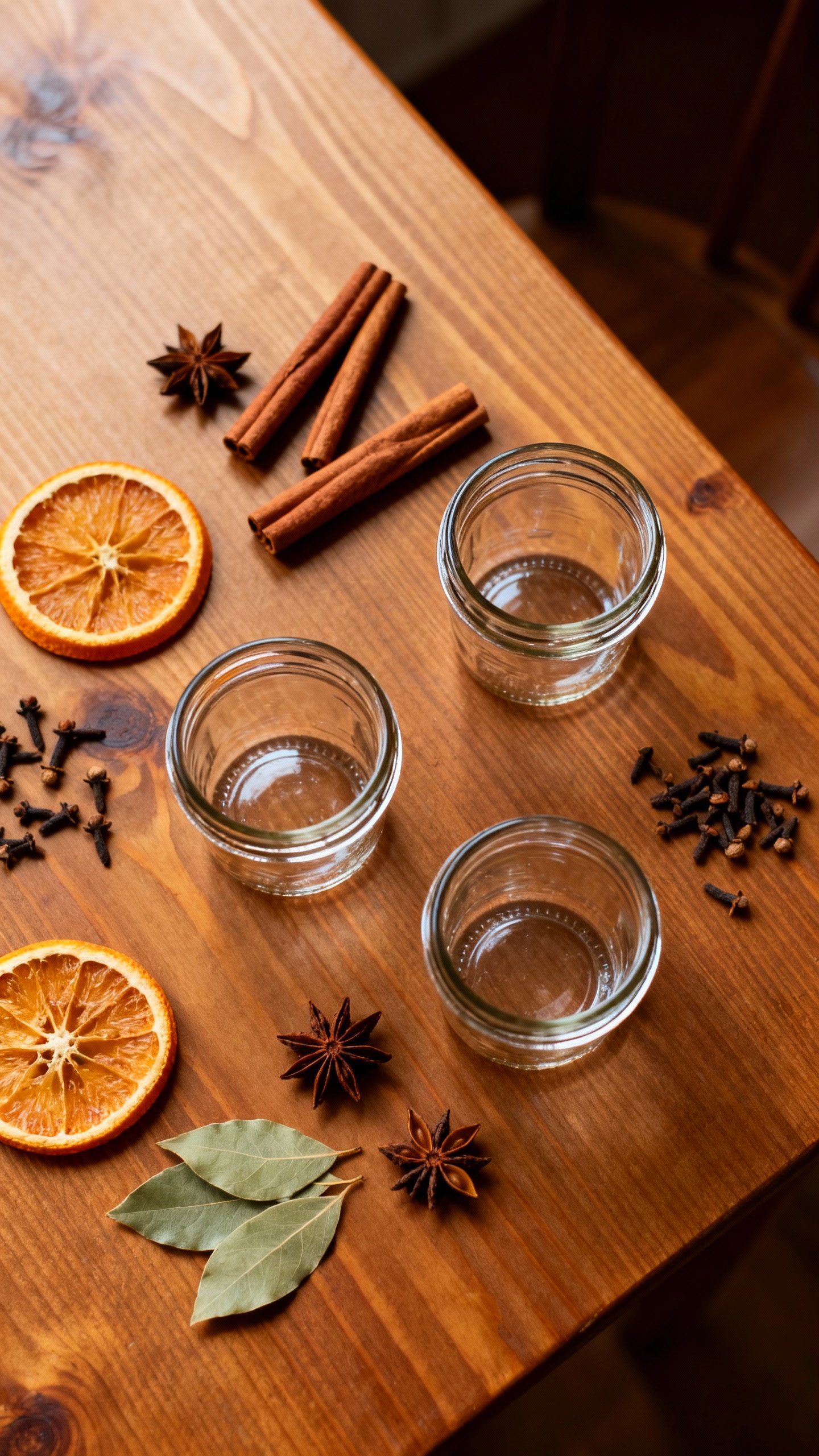 Overhead of DIY simmer pot jars, dried orange slices, cinnamon sticks, star anise, cloves, bay leave