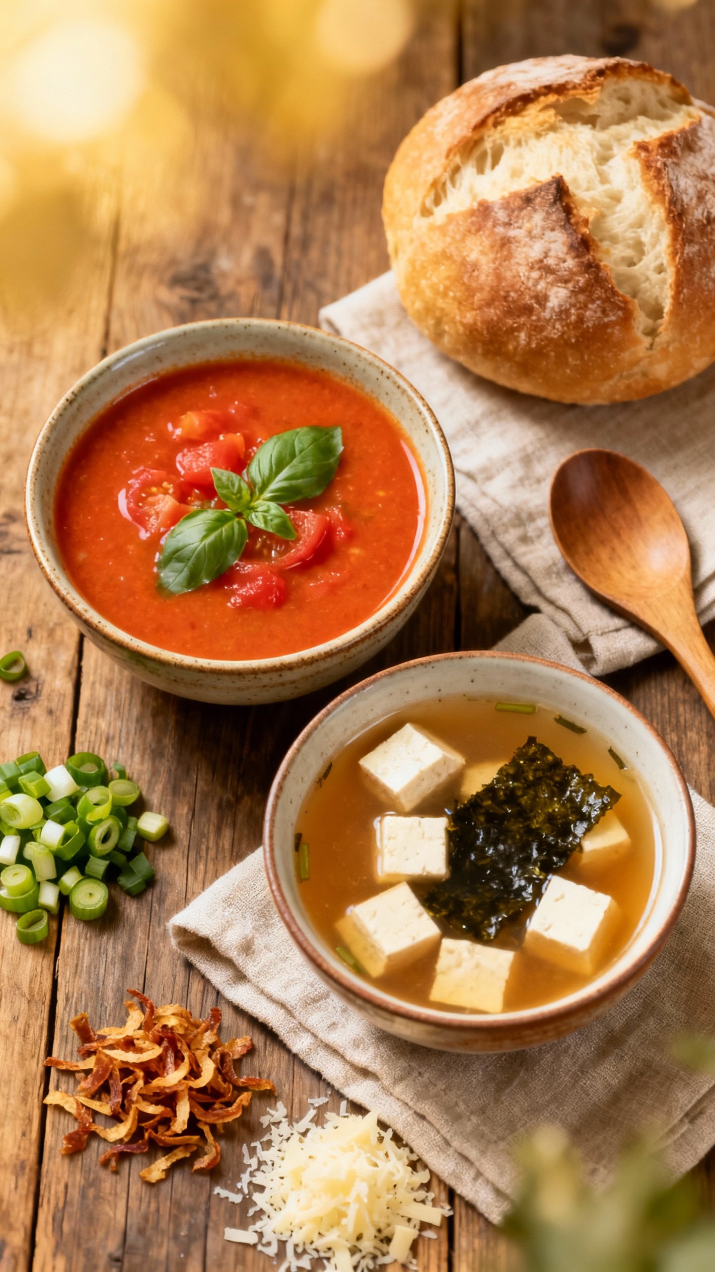 Overhead of soup bar: tomato-basil and miso bowls, toppings, rustic bread