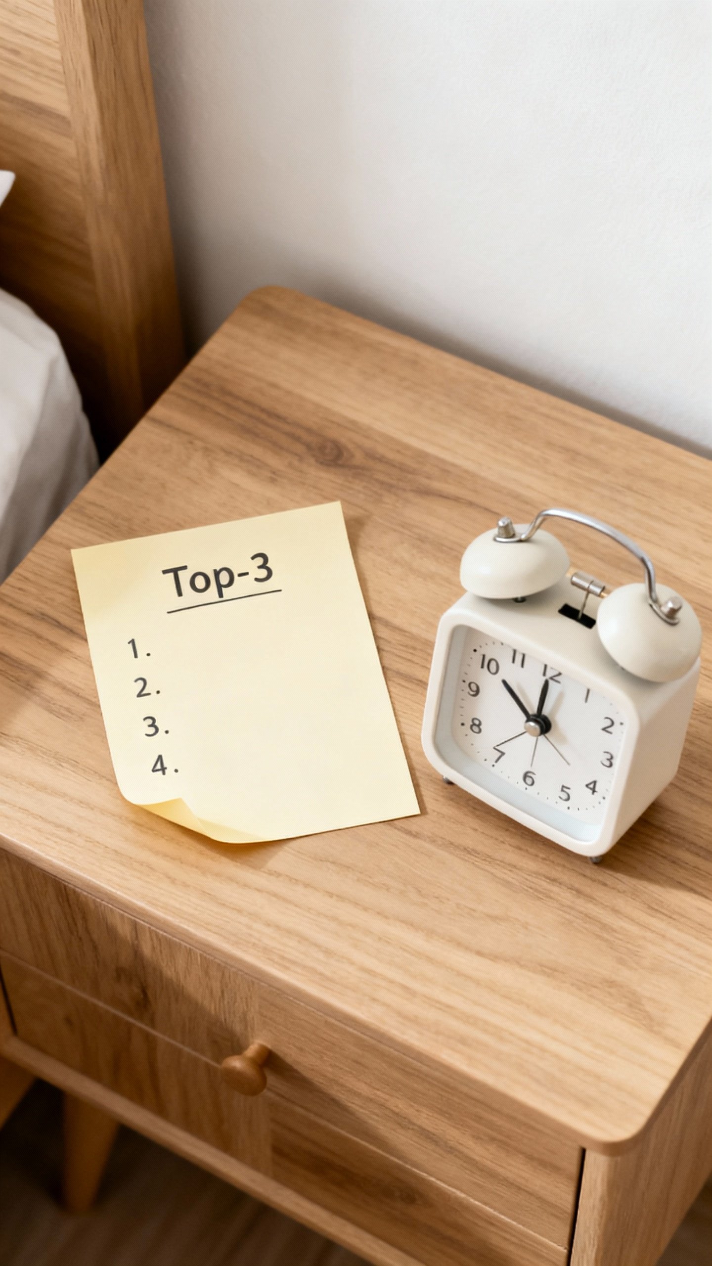 Overhead of sticky note top-3 list beside dumb alarm clock, wooden nightstand