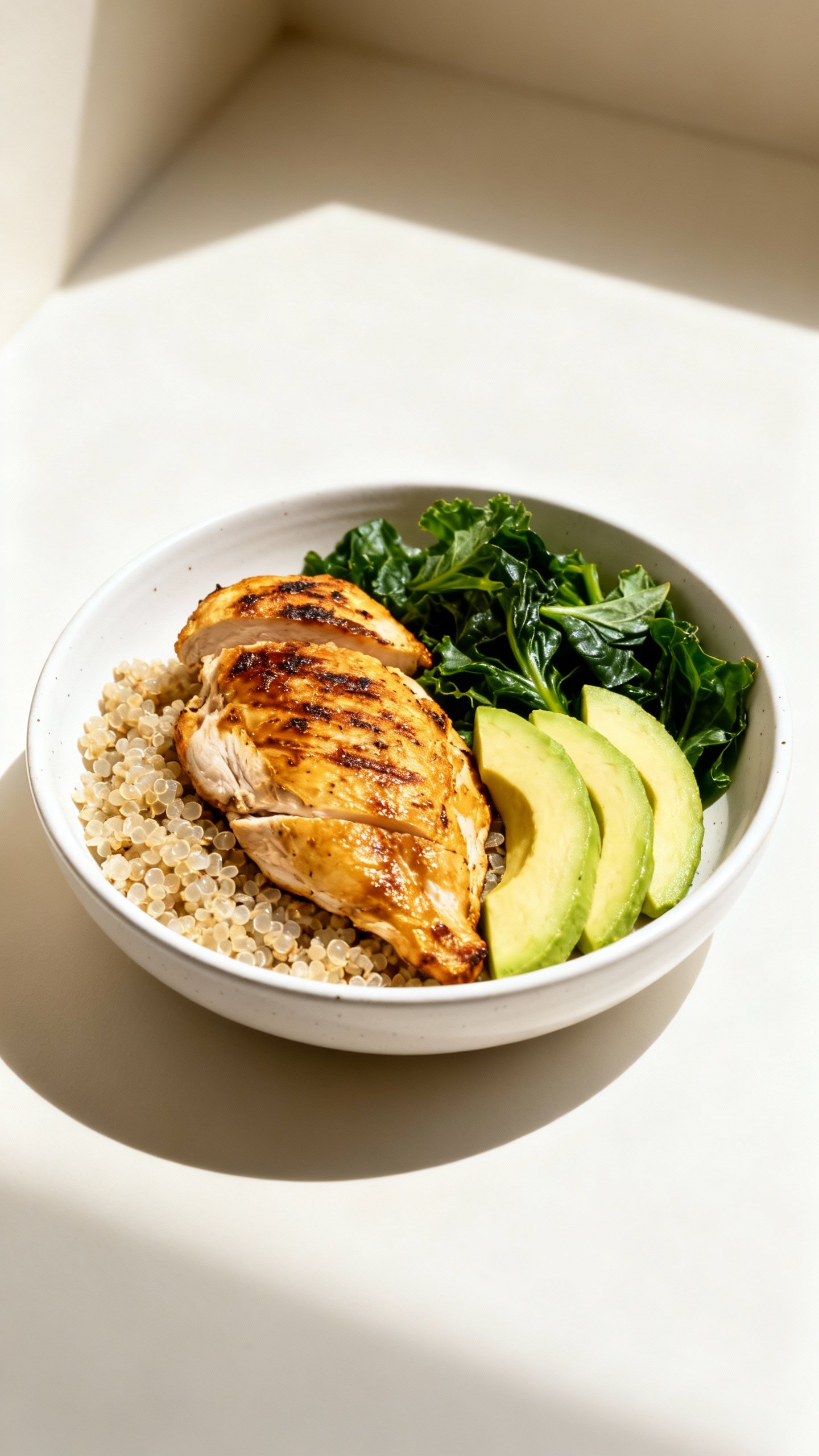 Overhead shot balanced plate: grilled chicken, quinoa, leafy greens, avocado, white ceramic