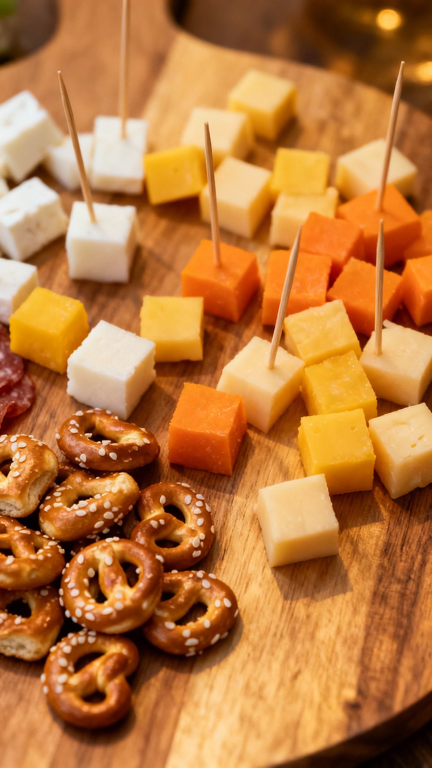 Overhead shot of charcuterie board with cubed cheese, toothpicks, pretzel bites
