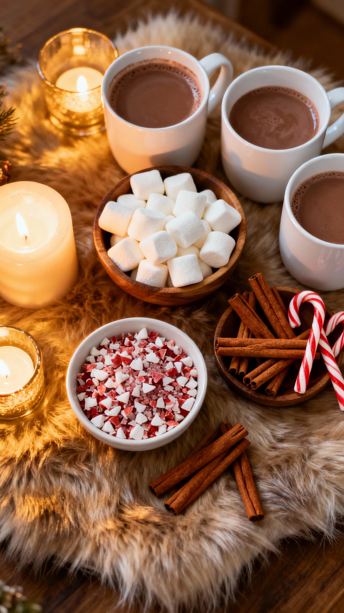 Overhead shot of DIY cocoa bar: marshmallows, cinnamon sticks, crushed candy canes, white ceramic mu