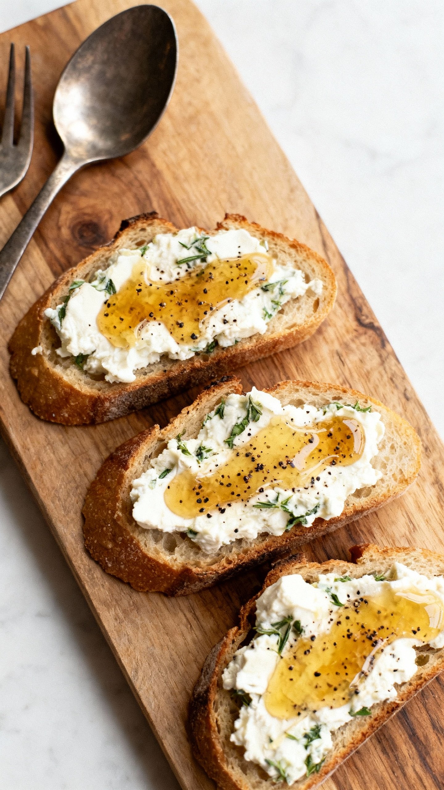 Overhead shot of herbed goat cheese toasts with honey, cracked pepper, wooden board, muted metallic