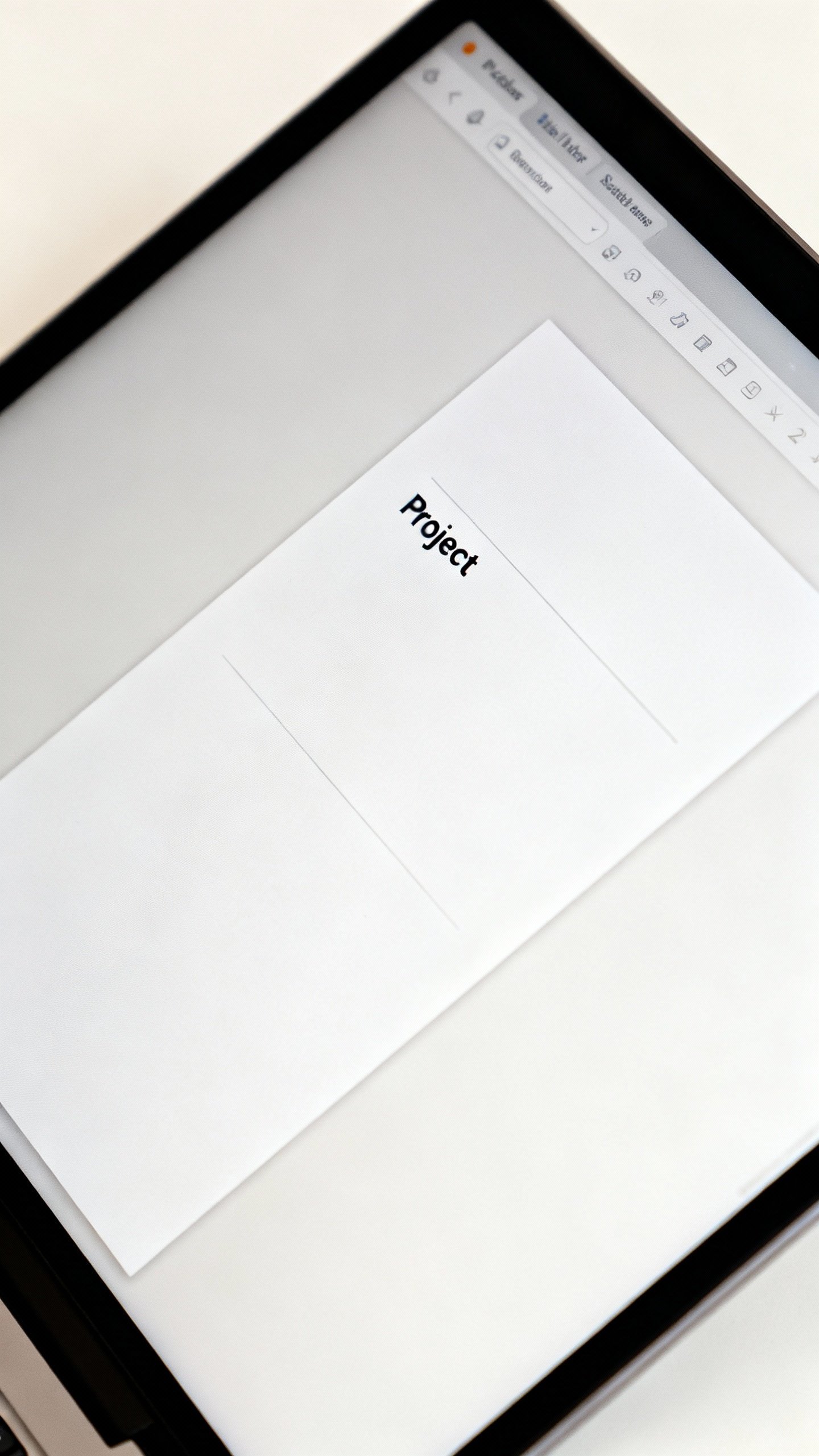 Overhead shot of single open laptop tab, project document centered