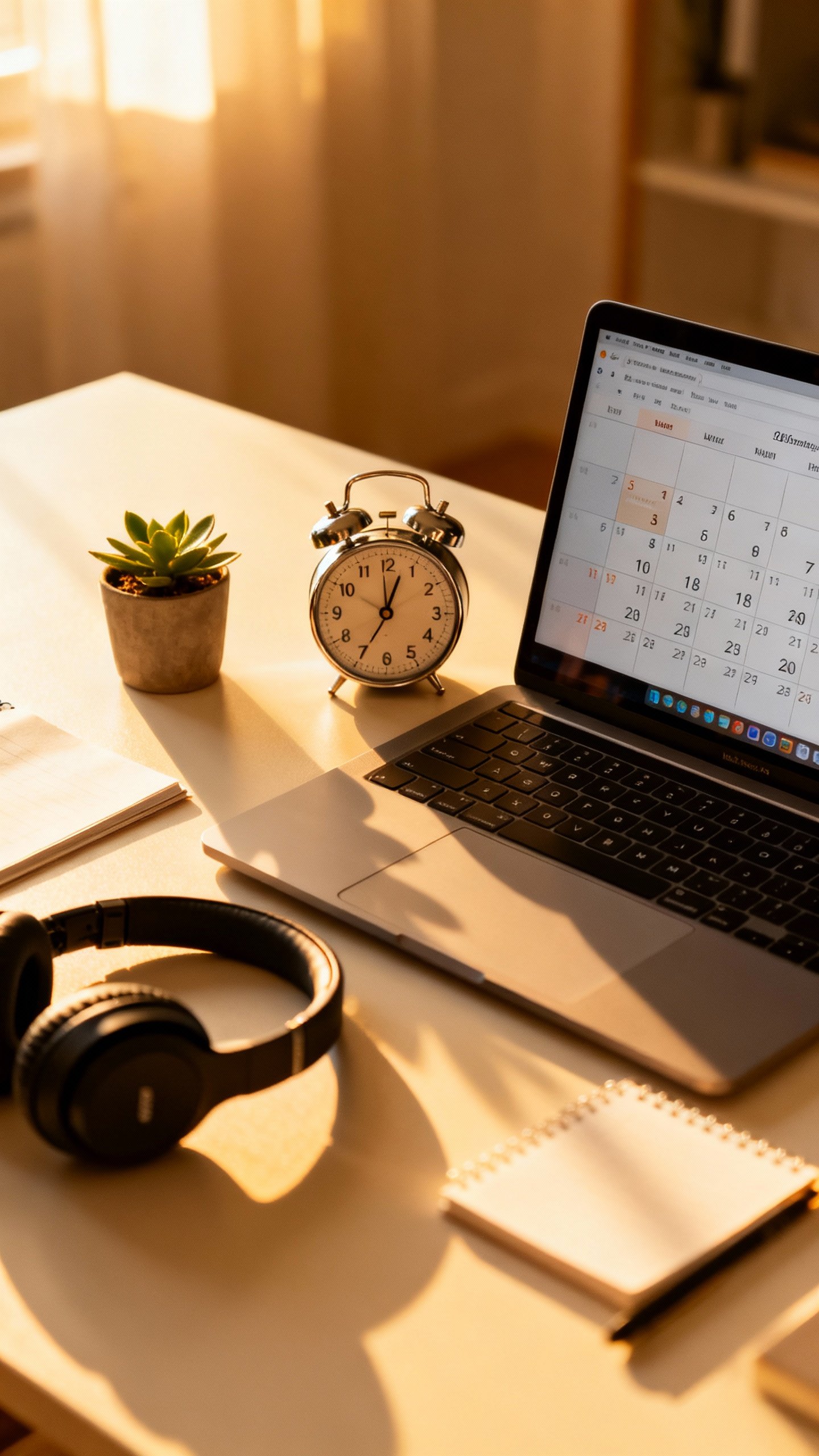 Overhead shot of time-blocked calendar on laptop beside analog timer, noise-canceling headphones, sm