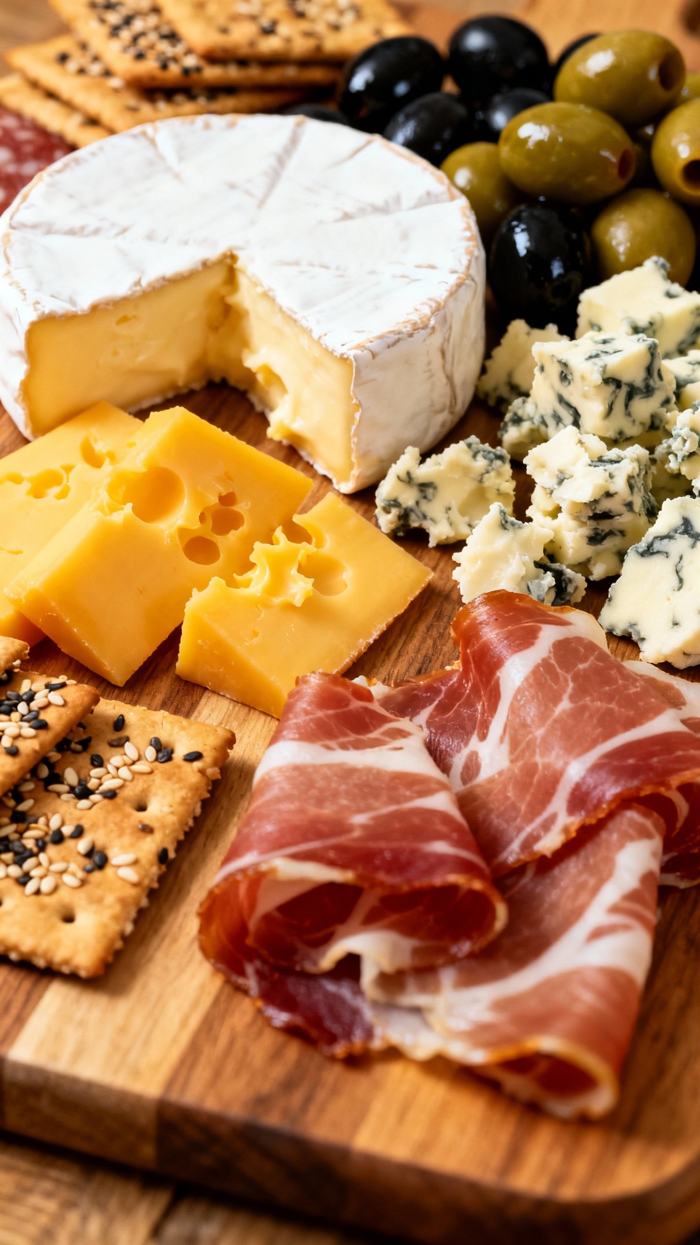 Overhead shot savory board: brie, cheddar, blue cheese, olives, prosciutto, seeded crackers